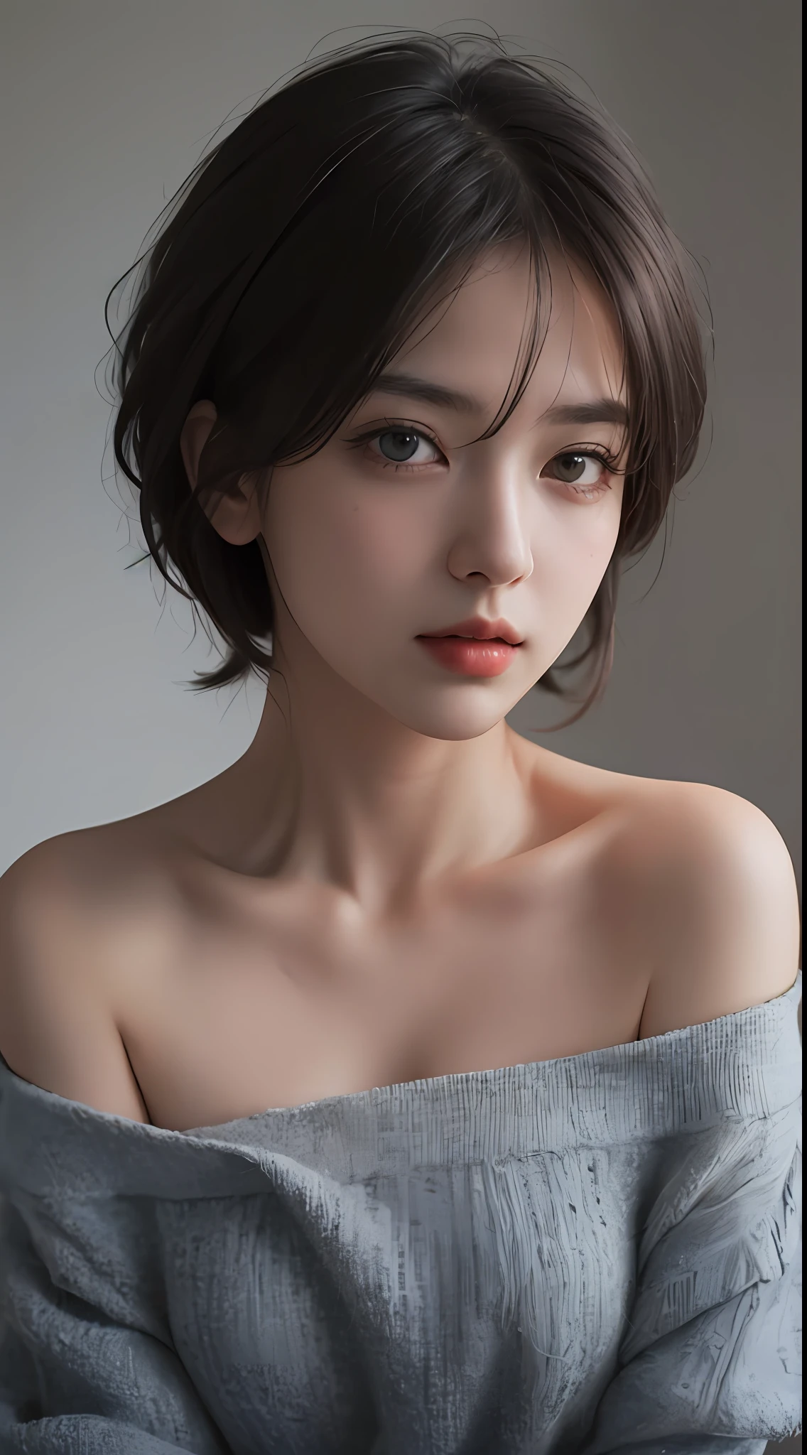 Best quality, masterpiece, ultra high res, (photorealistic:1.5), raw photo, 1girl, offshoulder, in the dark, deep shadow, low key, cold light, sexy look, short hair
