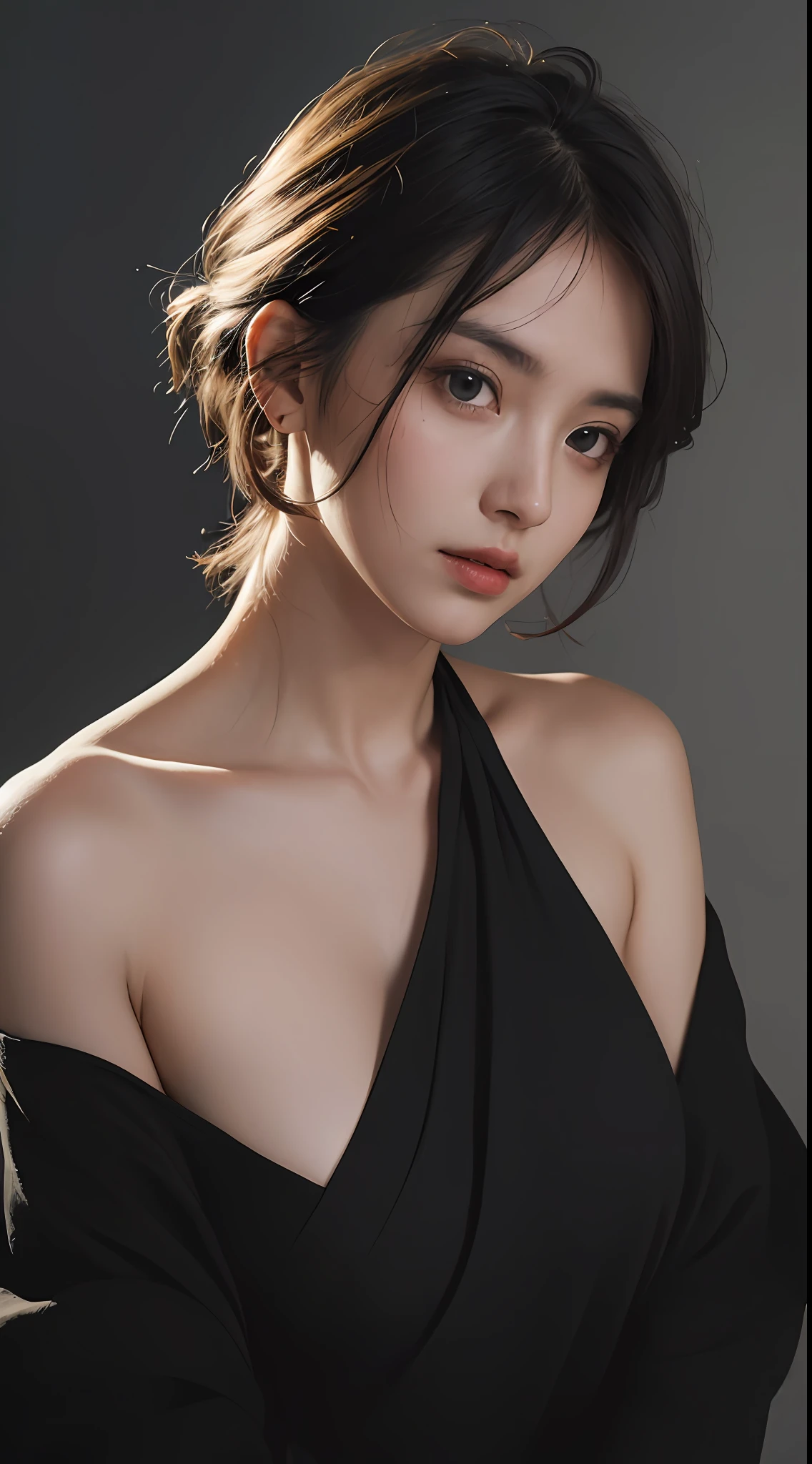 Best quality, masterpiece, ultra high res, (photorealistic:1.5), raw photo, 1girl, offshoulder, in the dark, deep shadow, low key, cold light, sexy look, short hair