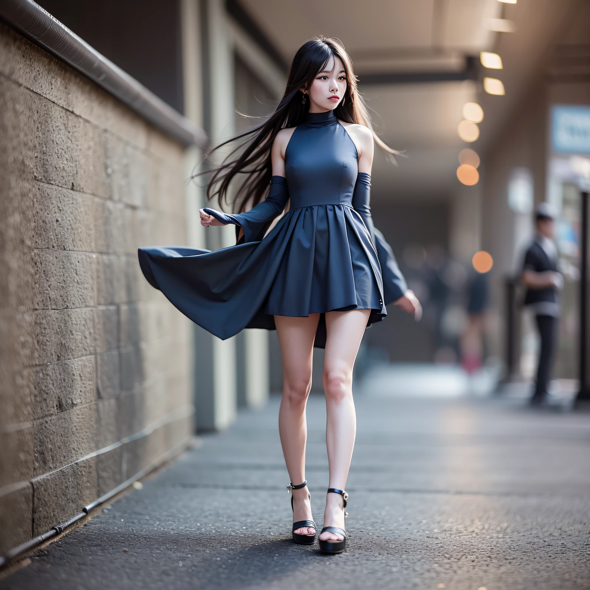 beautiful Japanese women, long hair, full body, light navy dress, smiling, charming, aurora core, game night, ,flalbest qualitylt,masterpiece,ultra-detalied,dynamic angle, crisp photo masterpiece, ultra high res, (photorealism: 1.4), high contrast, black color, gramial, UV lighting, ultra real, dramatic shadow , film noir style,Super realistic,Flalbest qualitylt,masterpiece,ultra-detalied,dynamic angle, crisp photo, 4k,55mm lens