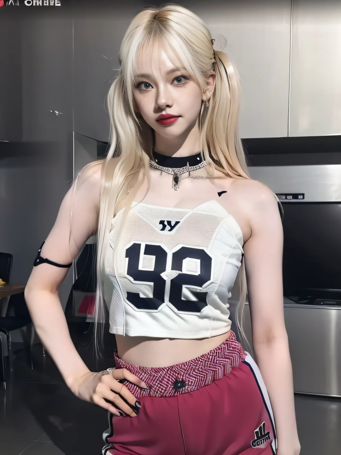(8K, 4K, Best Quality, Highres, Ultra High Res:1.1), (Masterpiece, Realistic, Photo-Realistic:1.1), 1girl, Face, Close-Up, Twintails, Blonde Hair, Black Eyes, Red Lips, (Looking in Audience: 2), Wearing a trendy football uniform, bare waist, football shorts, ridiculously long hair, long eyelashes, eye shadow, small face, big eyes, bare shoulders, high contrast,