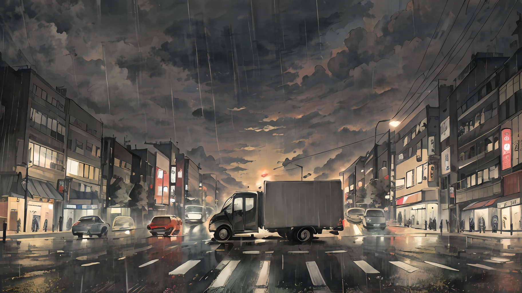 Masterpiece, highest quality, very delicate and beautiful, ultra definition, highest quality, high resolution, very elaborate, top quality, illustration, windowsill, impasto, realism, realistic, truck and person injuries, road with traffic lights Tokyo streets, rain, cloudy sky,