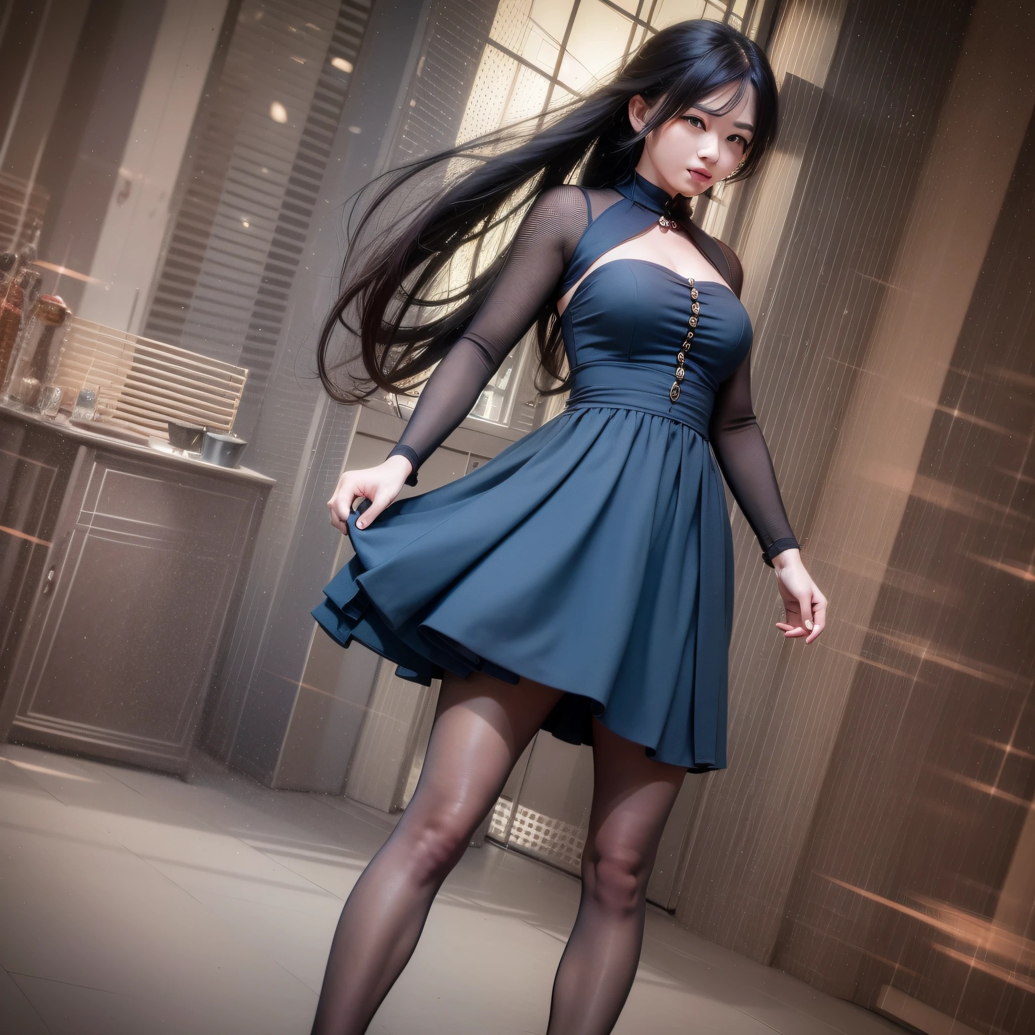 beautiful Japanese women, long hair, full body, light navy dress, smiling, charming, aurora core, game night, ,flalbest qualitylt,masterpiece,ultra-detalied,dynamic angle, crisp photo masterpiece, ultra high res, (photorealism: 1.4), high contrast, black color, gramial, UV lighting, ultra real, dramatic shadow , film noir style,Super realistic,Flalbest qualitylt,masterpiece,ultra-detalied,dynamic angle, crisp photo, 4k,55mm lens