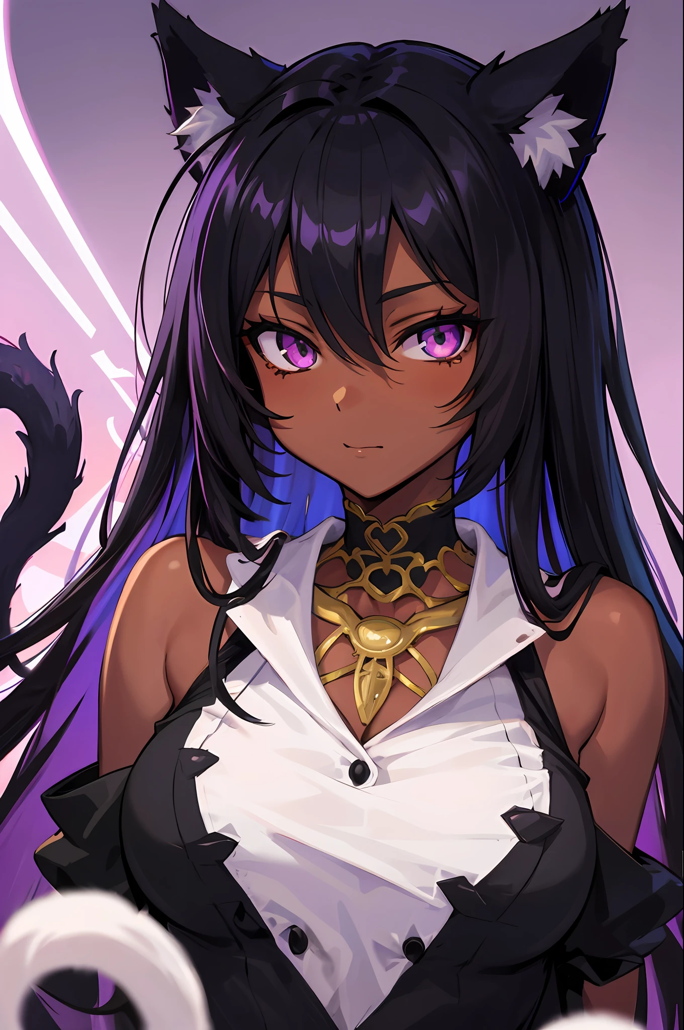 Anime Style Portrait of a sexy, African catgirl, with Jet-black Hair, purple eyes, dark-skinned, black cat ears, 1tail, perfect composition, hyper-detailed, 8K, high quality, perfect eyes, trending art, trending on artstation, sharp focus, studio photo, intricate details, by Tite Kubo