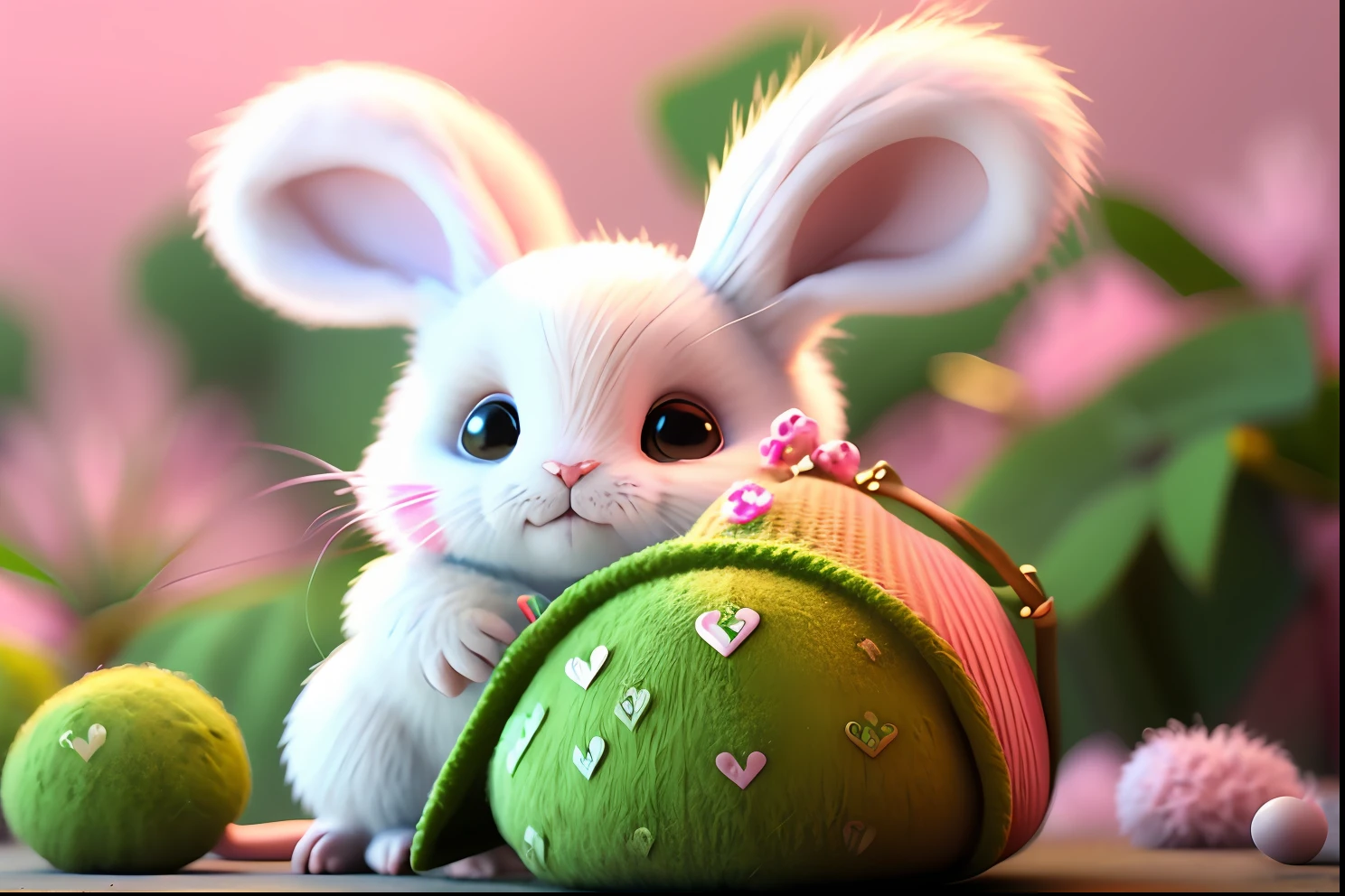 Fluffy and cute mouse, main color pink, secondary color white, light blue background, anime-style, cartoon-style, textures include fluffy and furry, smooth and round lines, mouse shape with big ears, round body, small nose, and feet.