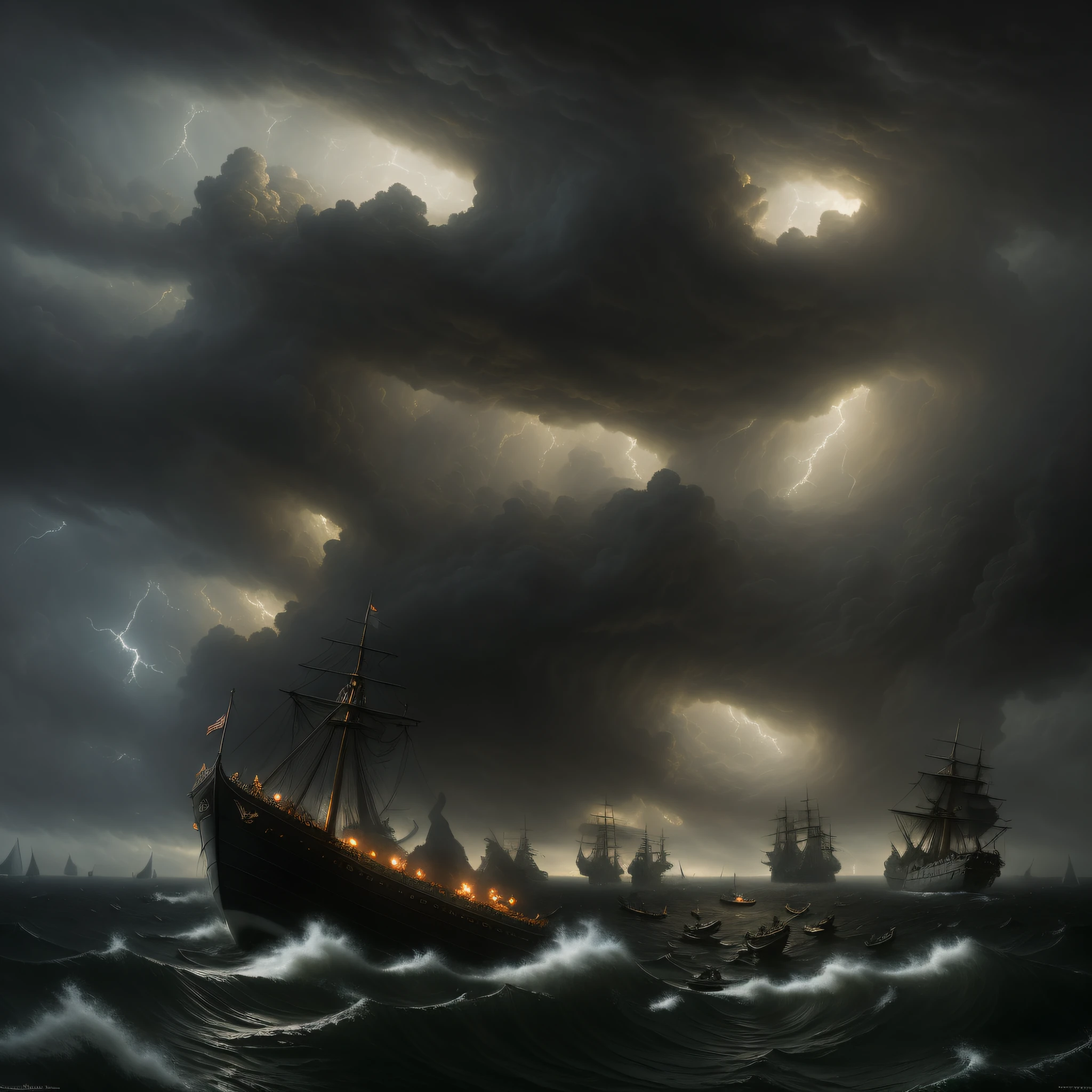 (highly detailed:1.2),(best quality:1.2),(8k:1.0),(emb-rrf-low:1.0),sharp focus,(award-winning photograph:1.2), (subsurface scattering:1.1), painting of a boat with people on it in a stormy sea, dramatic concept art, epic naval battle, a sea battle, dramatic nautical scene, dramatic artwork, epic fantasy artwork, naval battle, epic battlescene, epic fantasy painting, by Darek Zabrocki, by Tadeusz Pruszkówski, stormy and grand war scene