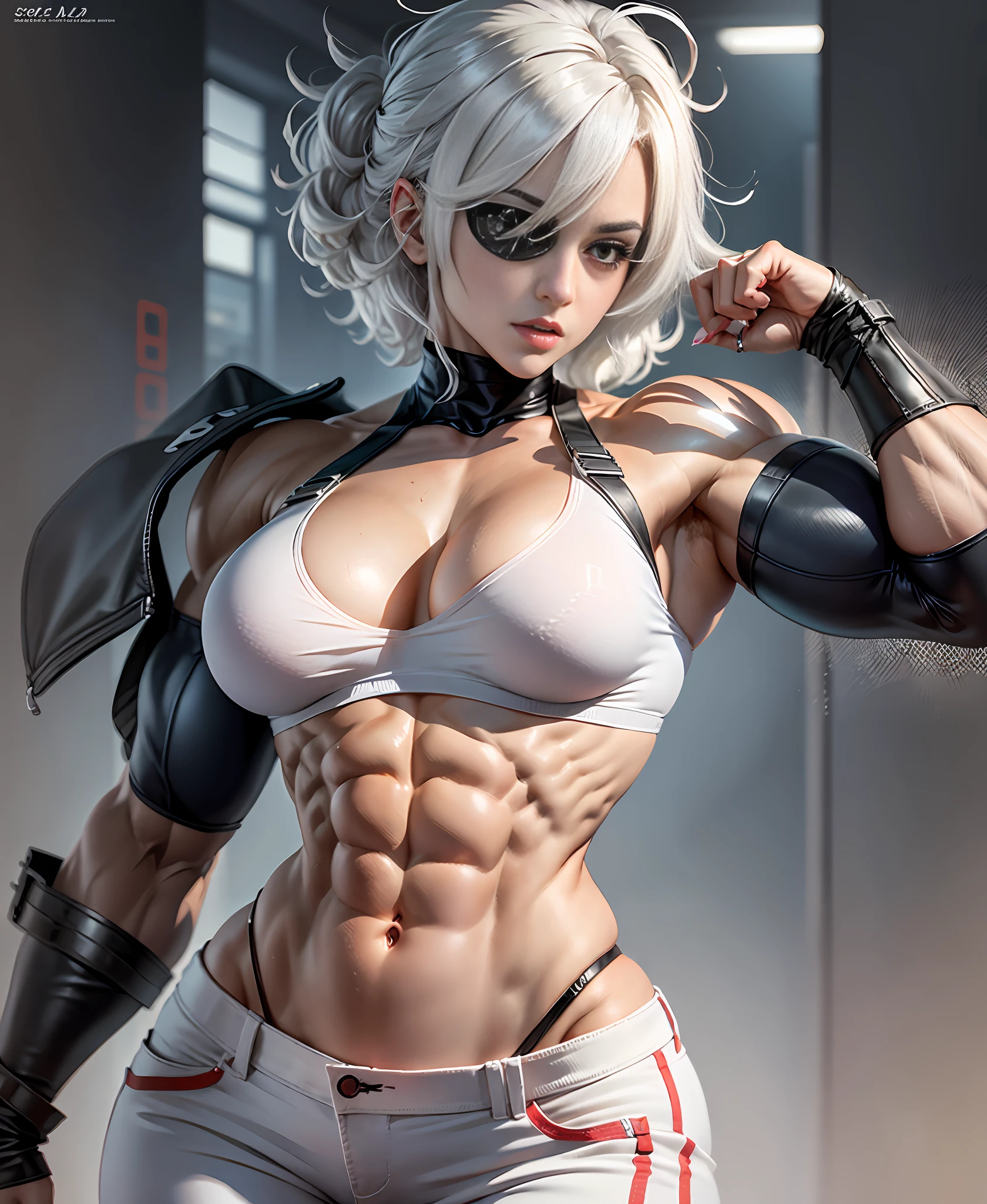 anime - style drawing of a woman with white hair and a white bra top and white pants, short messy hair, (eyepatch,one eye covered),very muscular! white, commission for high res, muscular girl, muscular!!, oc commission, muscular!! sci-fi, strong pose, most strongest pose, thicc, super buff and cool, 2 b, 2b, (sfw) safe for work, sfw version, feminine and muscular