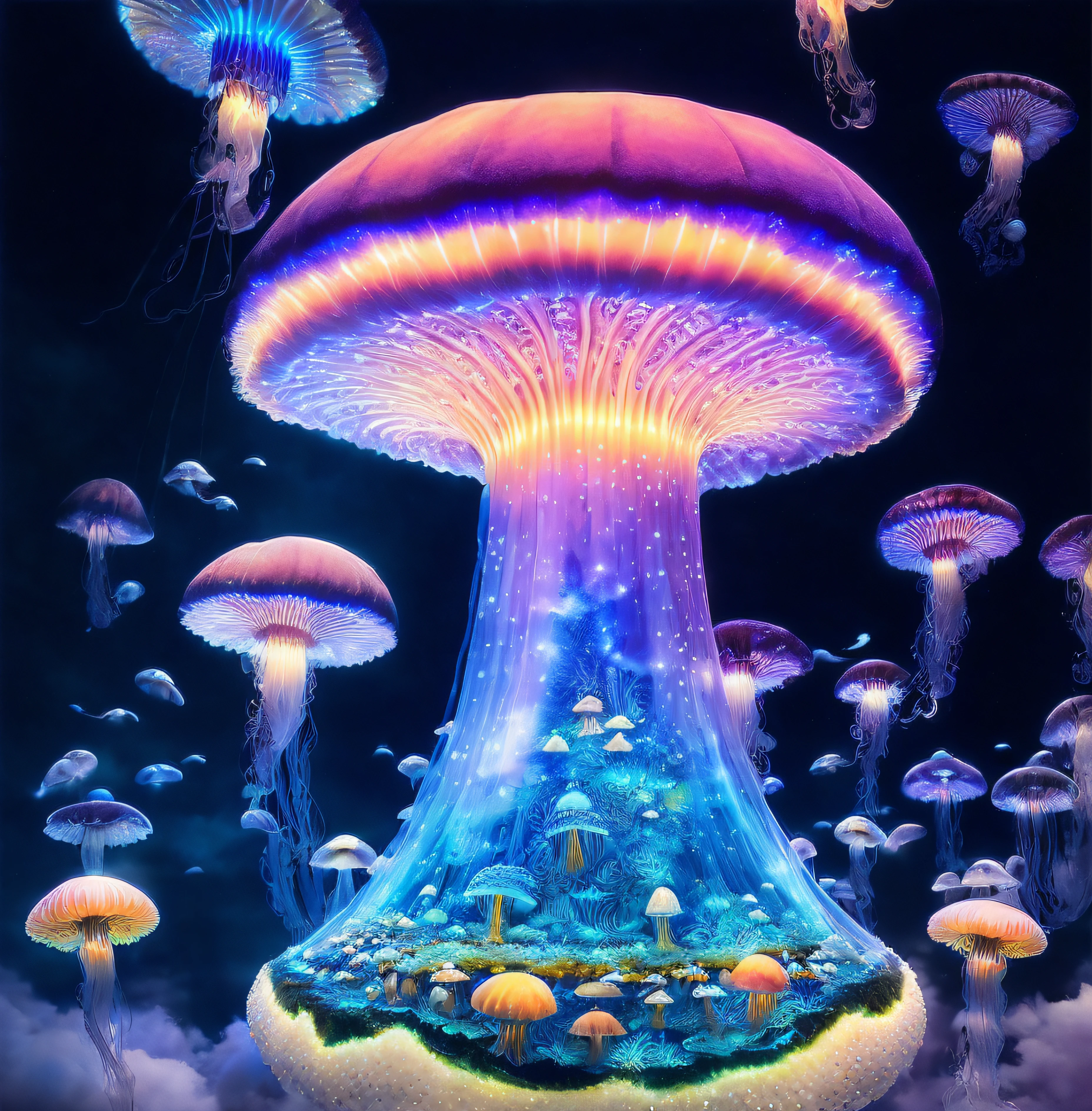 The world of mushrooms is my home. A realistic detail of a bright virtual bioluminescent mushroom mega cities inside a floating jellyfish , metropolis in the dark at night is like a spiritual journey through a mushroom forest, cosmic, celestial, god rays, ornate details, cinematic, professional, masterpiece, commissioned, best quality, color corrected,
