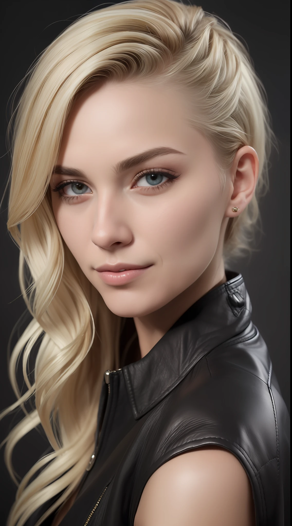 Portrait photo of 25-year-old European woman, blonde hair, posing, (incredible skin detail: 1.4), (genuine leather: 1.2), (pores: 0.6), makeup, (detailed iris: 1.2), blouse, black background, studio, bezel light, dark atmosphere, (bokeh: 1.2), photography, cinematic, photorealistic, ultra-realistic