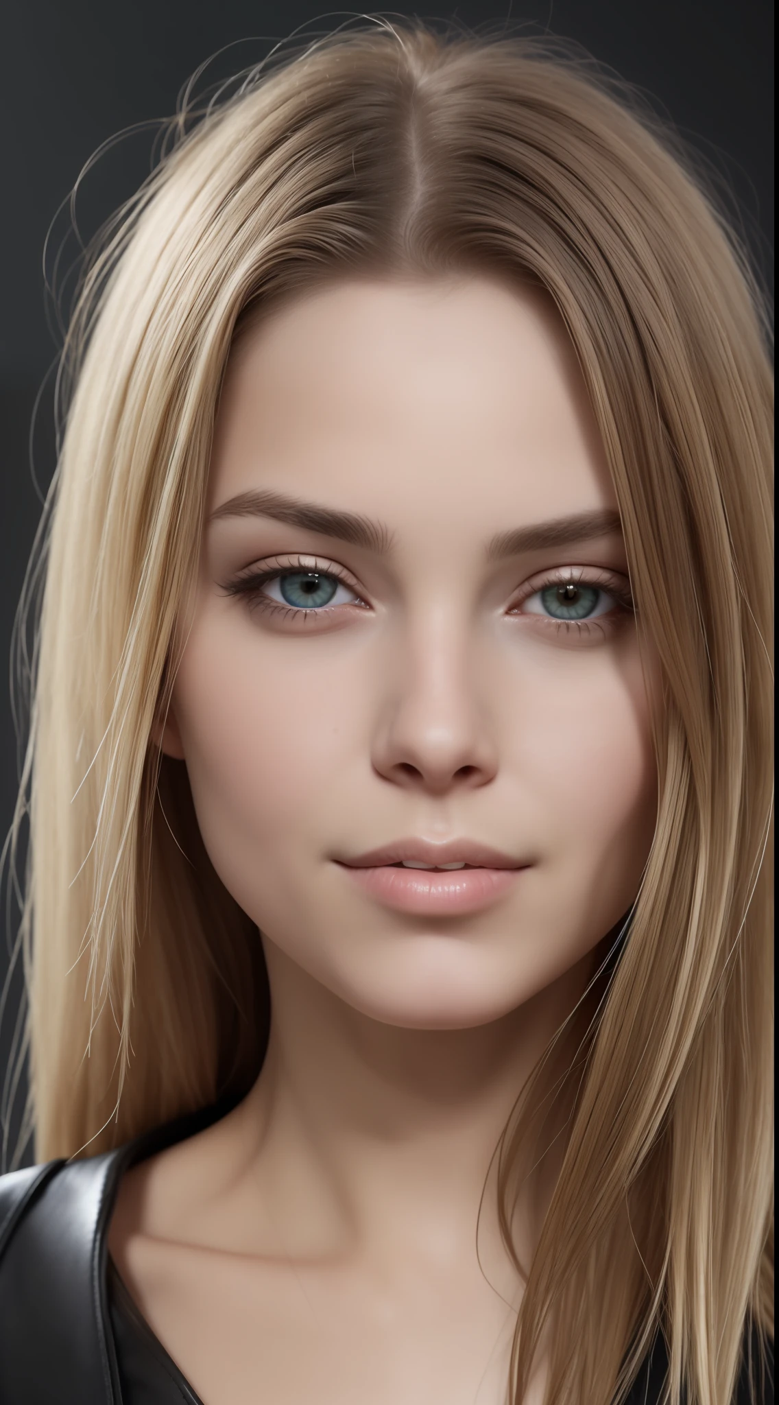 Portrait photo of 25-year-old European woman, blonde hair, posing, (incredible skin detail: 1.4), (genuine leather: 1.2), (pores: 0.6), makeup, (detailed iris: 1.2), blouse, black background, studio, bezel light, dark atmosphere, (bokeh: 1.2), photography, cinematic, photorealistic, ultra-realistic