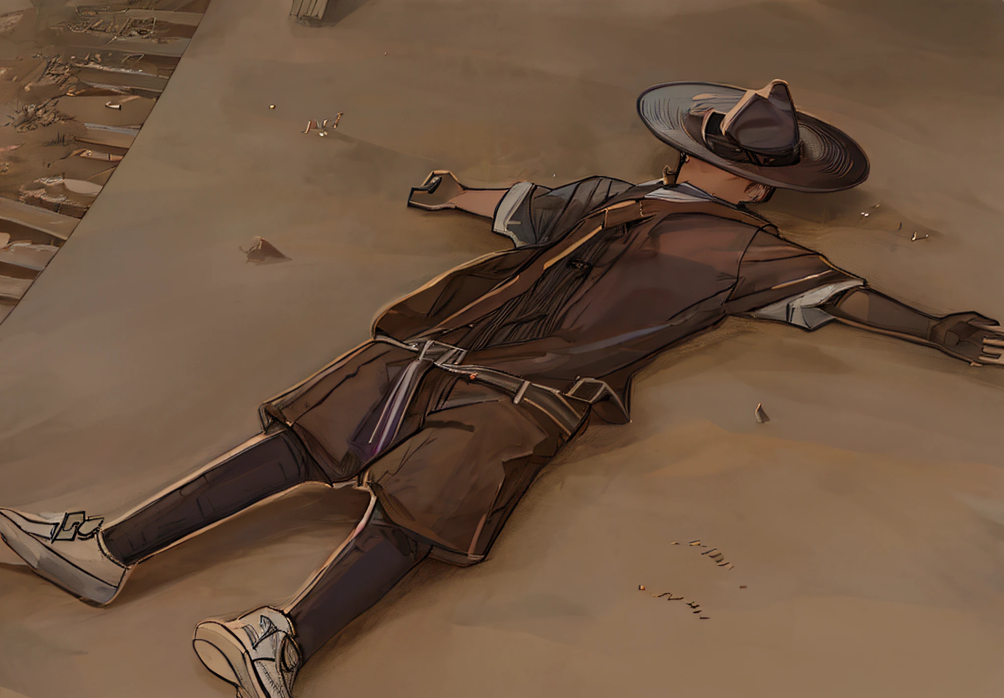 The Arafed lay in the meadow in a hat, desolate. Digital illustration, digital sketch, digital drawing, drawn in Photoshop, inspired by Jean Tabaud, lying down, wearing a destroyed hat, lying on the ground, lying on the ground, hands unfolded, line sense, top-down drawing, sketch, inspired by Oswaldo Viteri