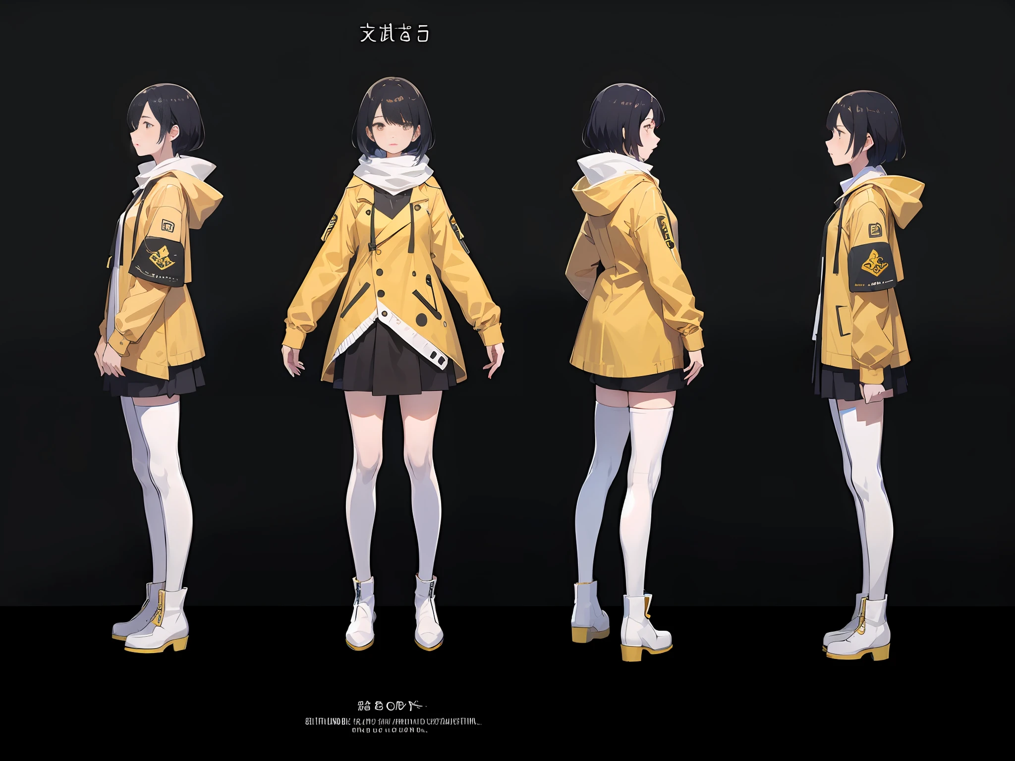 1girl, [Black hair, short hair, bangs], [yellow_raincoat, long raincoat], detailed face, [Red_eyes, half closed], black leggings, white_boots, red neck scarf, high quality, character sheet, concept art, white background,