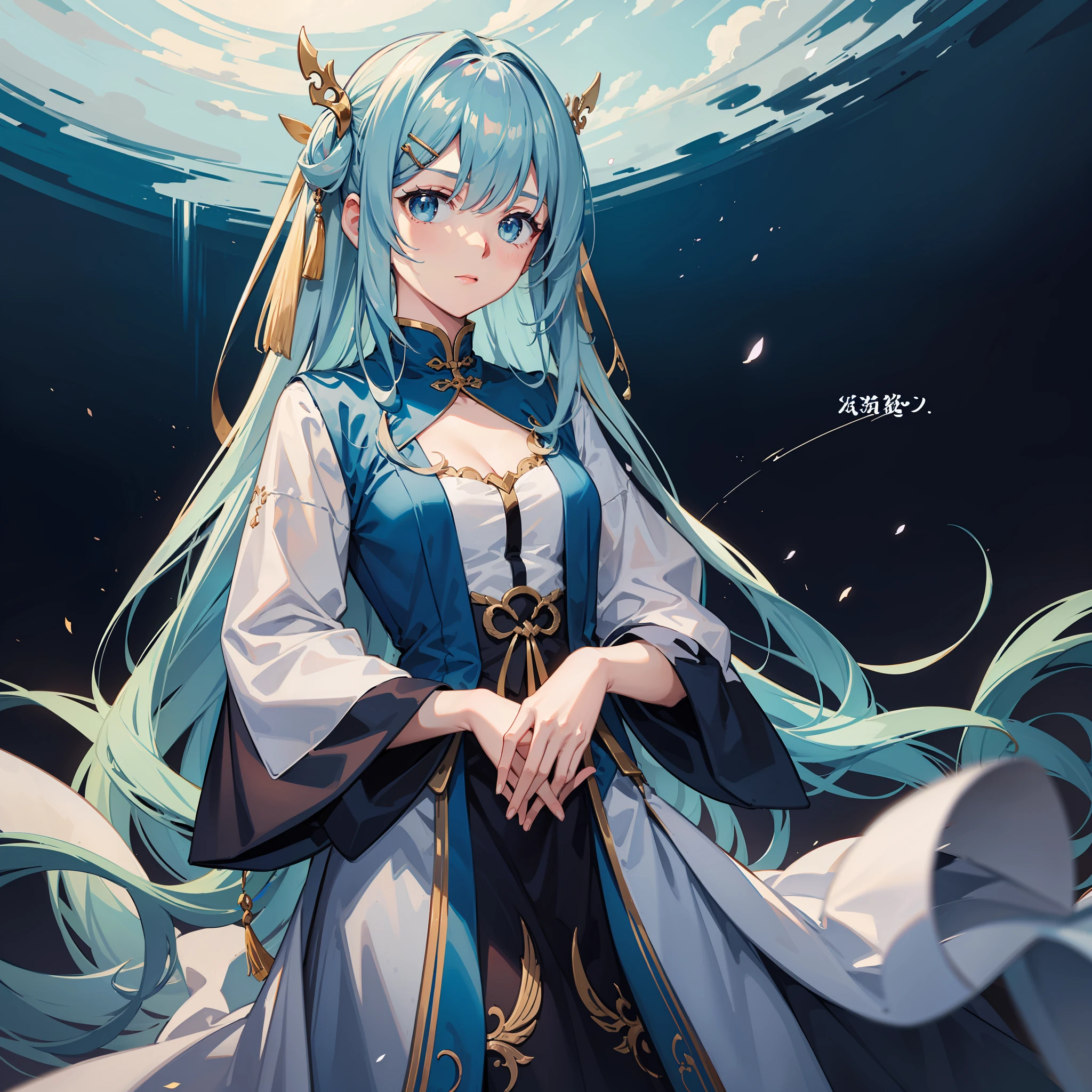 Light blue long hair 1.4, Xiu Xian clothes, hands in front of the abdomen, with hairpin, cloud