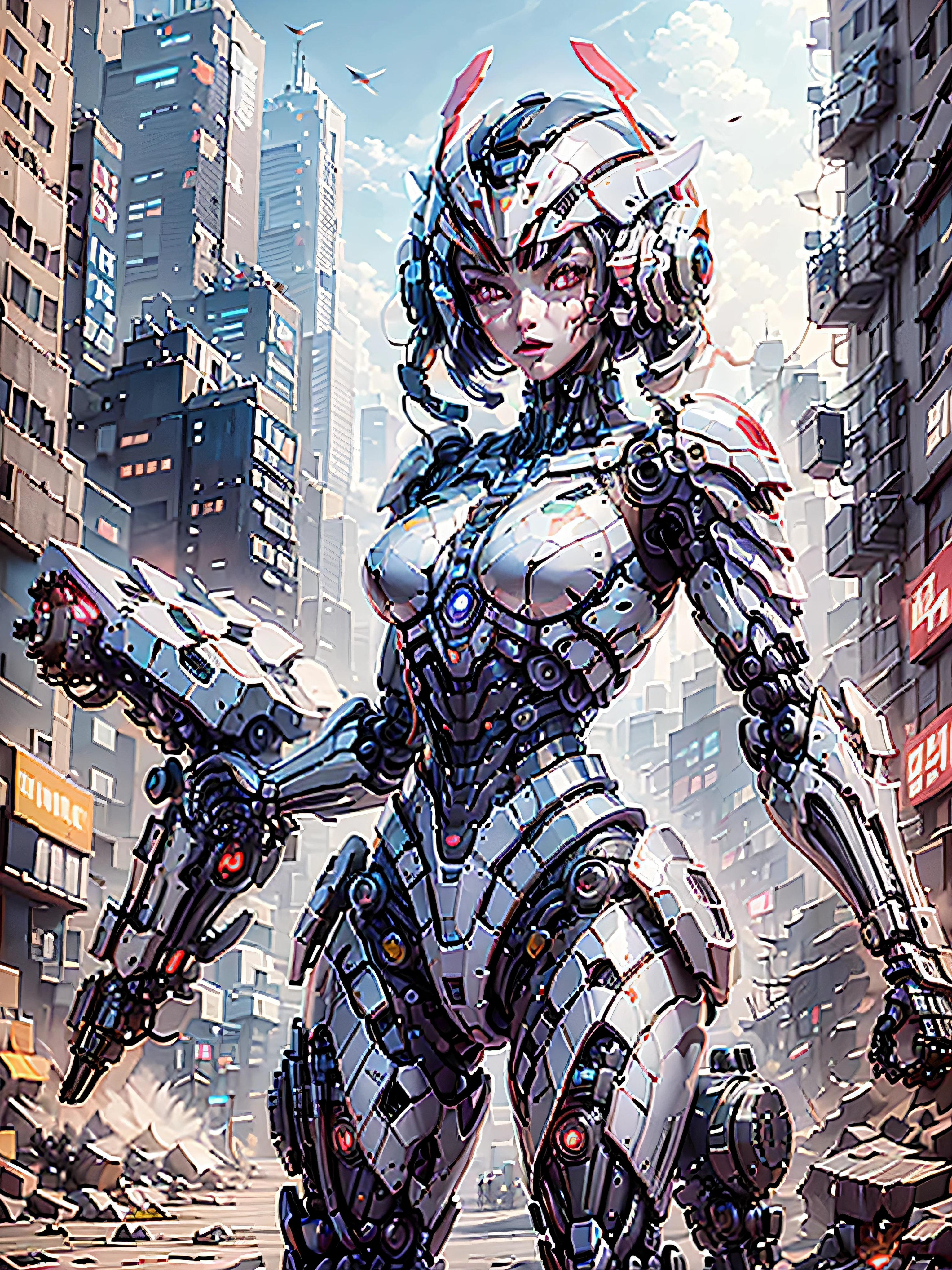 (highly detailed:1.5), (8k), futuristic mecha girl on the cover of a neon-lit science fiction magazine, style (cyberpunk:1.3), wearing an elegant battle suit with bright details, posing confidently with a giant robot in the background, (bold typography:1.2), dynamic composition, vibrant colors, (Akira style:1.1), (inspired by Hajime Sorayama:1.2), full body, red details, yellow, blue, white, combat position, detailed bikini,
