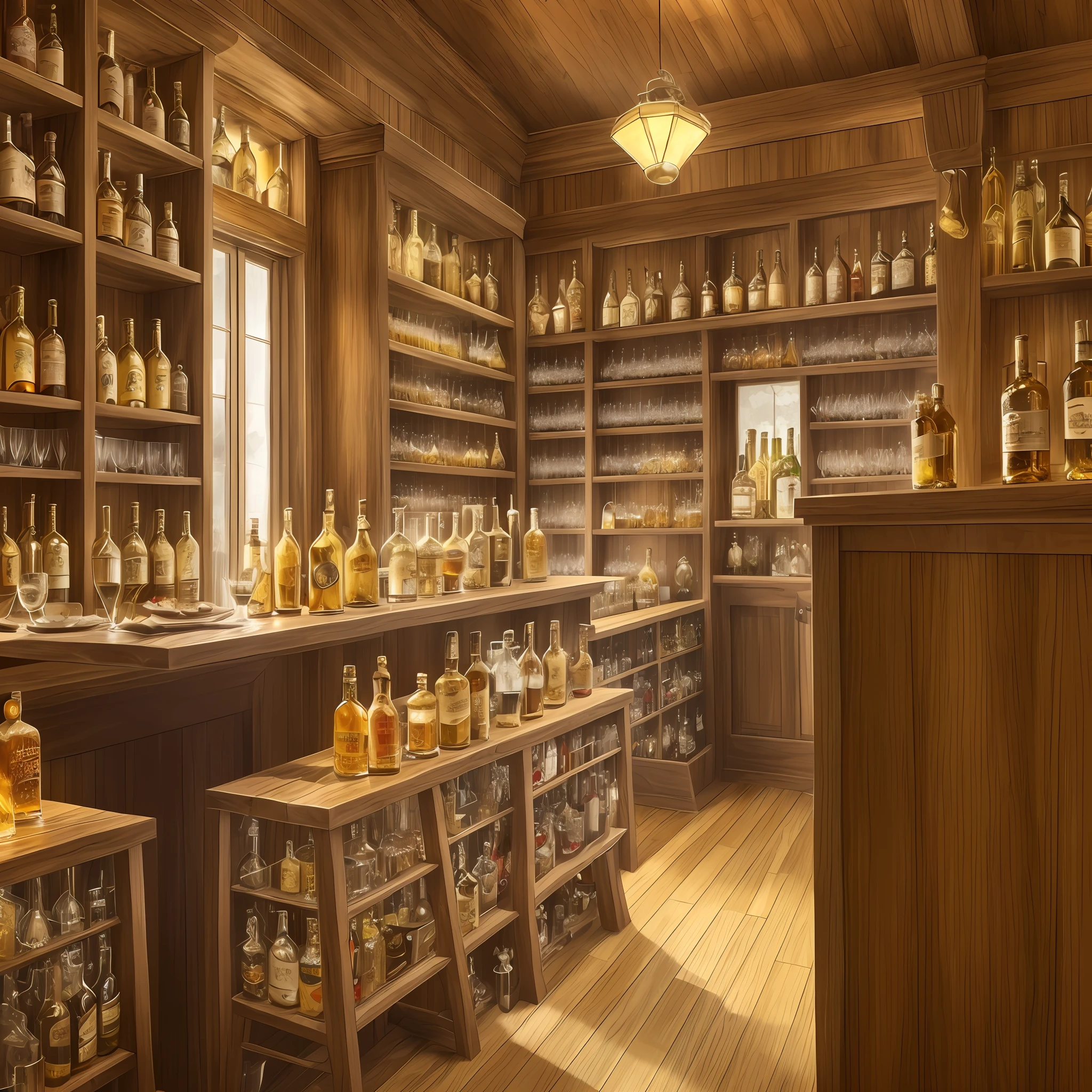 Golden liquor in a bottle, a tavern in a fantasy world