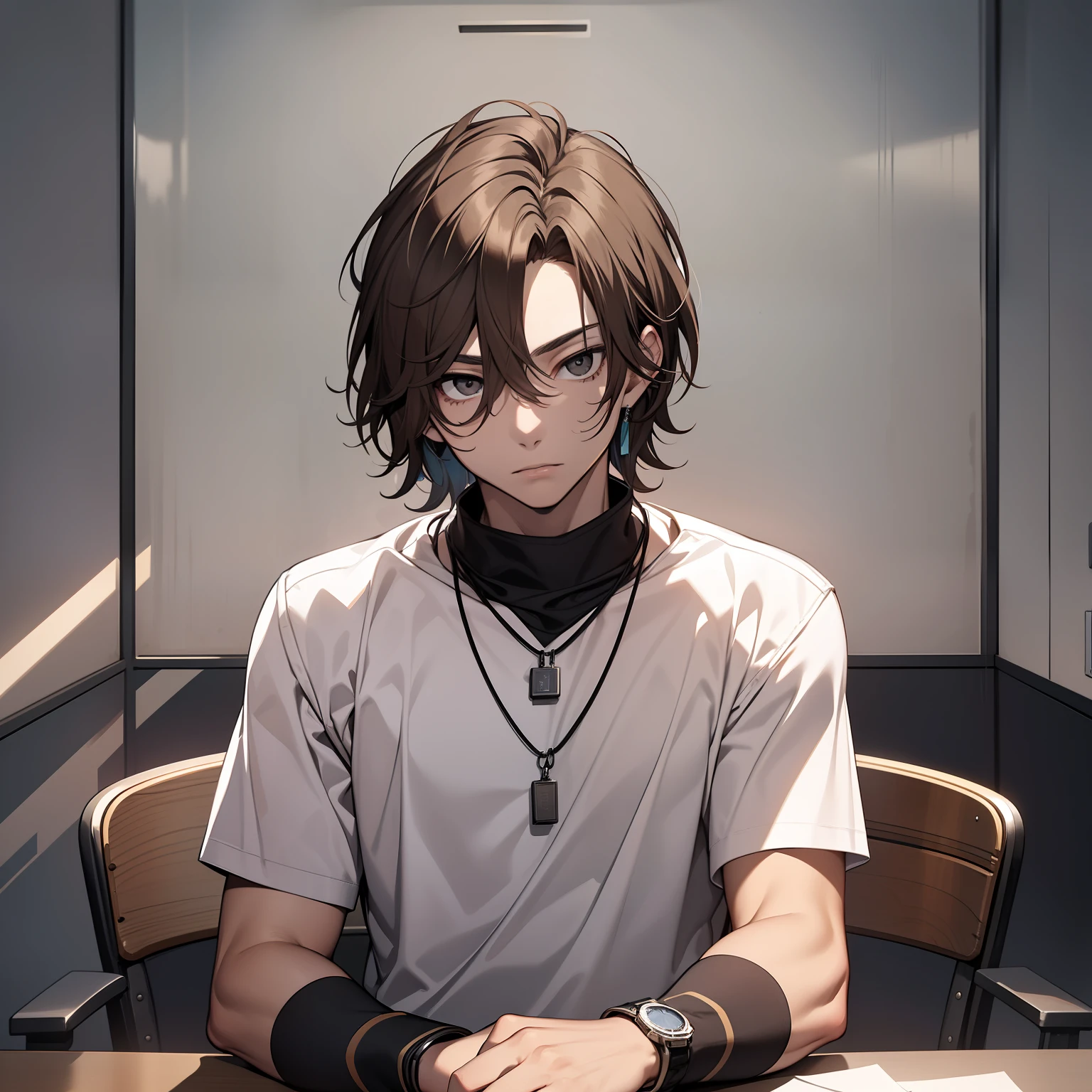 Young boy, 19 years old, suter under white shirt, light brown hair, black eyes, sitting at a table in a gray room, interrogation room, wearing necklace,, looking at the viewer, 4k detailed eyes, good anatomy, masterpiece