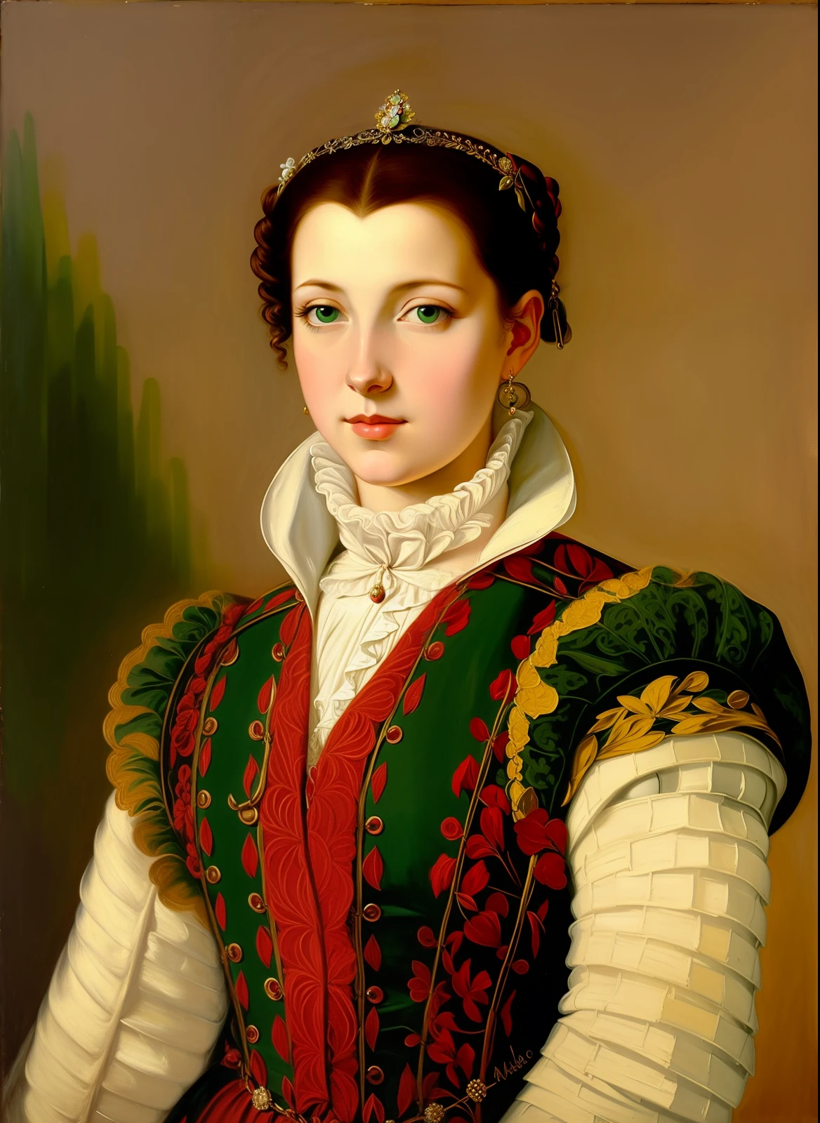 a painting of a woman in a green dress with a red collar, portrait of a european woman, inspired by Agnolo Bronzino, inspired by Giovanni Lanfranco, in a high renaissance style, inspired by Mariotto Albertinelli, portrait of a young women, inspired by Domenico Quaglio the Younger, portrait of a young woman, paolo veronese style