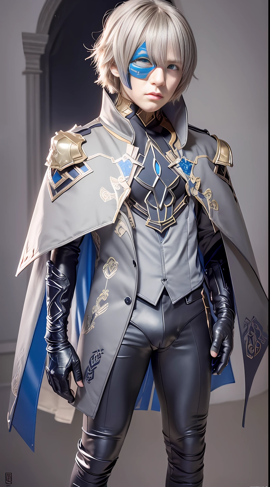 masterpiece, best quality,dainsleif\(genshin impact\), 1boy, full body, male focus, solo, blonde hair, blue eyes, mask, gloves, hair between eyes, looking at viewer, cape, closed mouth, black gloves, bangs, high collar,, (grey background:1.4),(kbxll:0.6)