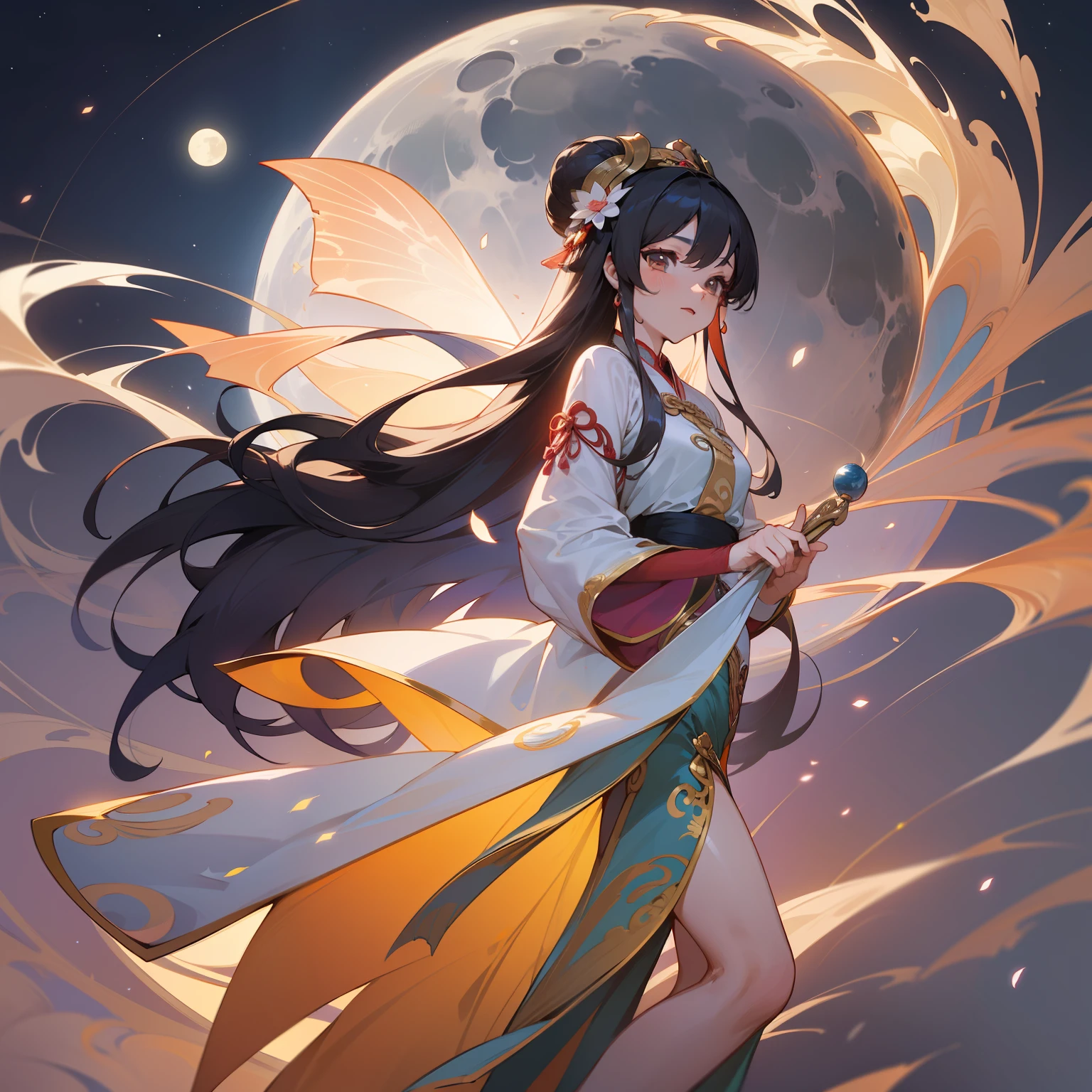 (Chang'e Rushing to the Moon), (Sky), (Flying to the Moon), (A Figure Flying to the Moon), (((Flying in Mid-Air))), (Close-up Behind), ((Her Eyes Looking at the Moon))), Her beautiful long hair fluttered like a waterfall, and Yuena's figure danced in the night sky. Her body is full of fairy qi, and as she flies to the moon, her body exudes a light light, like a blooming lotus flower. As she flies towards (Bright Moon), she sprinkles a gentle glow, illuminates the night sky, and brings endless comfort and hope to people, (Chinese Hanfu), (White Hanfu)