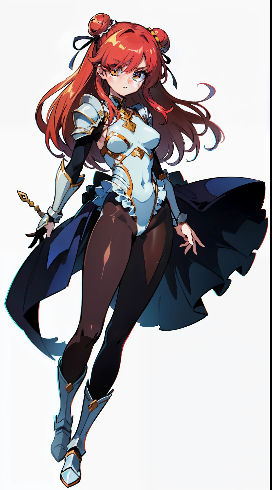 "(masterpiece), best quality,
1girl, (80s anime style:1.5), (eyelashes:1.5),
(intricate high detailed body:1.2),
red hair,
(hair over one eye:1.2), (long hair, twin bun:1.1),
brown eyes,
(muscular body:1.2),
(medium breasts:1.2),
(thick eyebrows:1.1),
annoyed, blush,
(frilled leotard armor:1.2), (pantyhose:1.3),
(knight armor, armored boots:1.2),
hair ribbon,
(dynamic pose:1.1),
(full body:1.1)
(simple white background:1.3)"