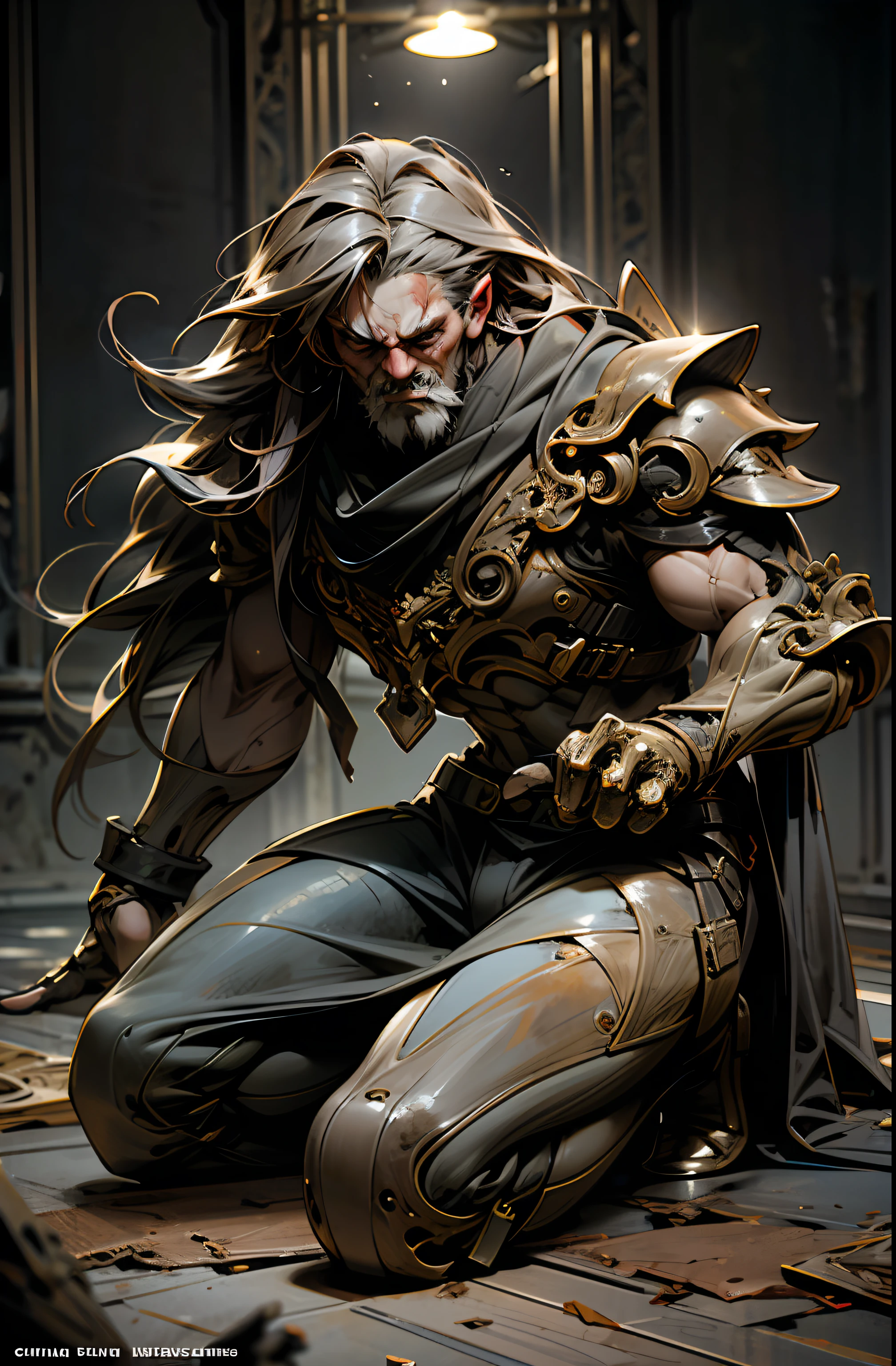 photo of the most beautiful artwork in the world featuring soft lustrous male hero, ((epic heroic fantasy muscular men rugged wet wounded hero angry looking with long hair and long beard and fierce looking in a dynamic posture dying on the floor, fantastic location, majestic cluttered environment)), full body 8k unity render, action shot, skin pores, very dark lighting, heavy shadows, detailed, detailed face, (vibrant, photo realistic, realistic, dramatic, dark, sharp focus, 8k), (weathered damaged old worn leather outfit:1.4), (intricate:1.4), decadent, (highly detailed:1.4), digital painting, octane render, artstation, concept art, smooth, sharp focus, illustration, art by artgerm, (loish:0.23), wlop ilya kuvshinov, and greg rutkowski and alphonse mucha gracias, (global illumination, studio light, volumetric light), heavy rain, particles floating