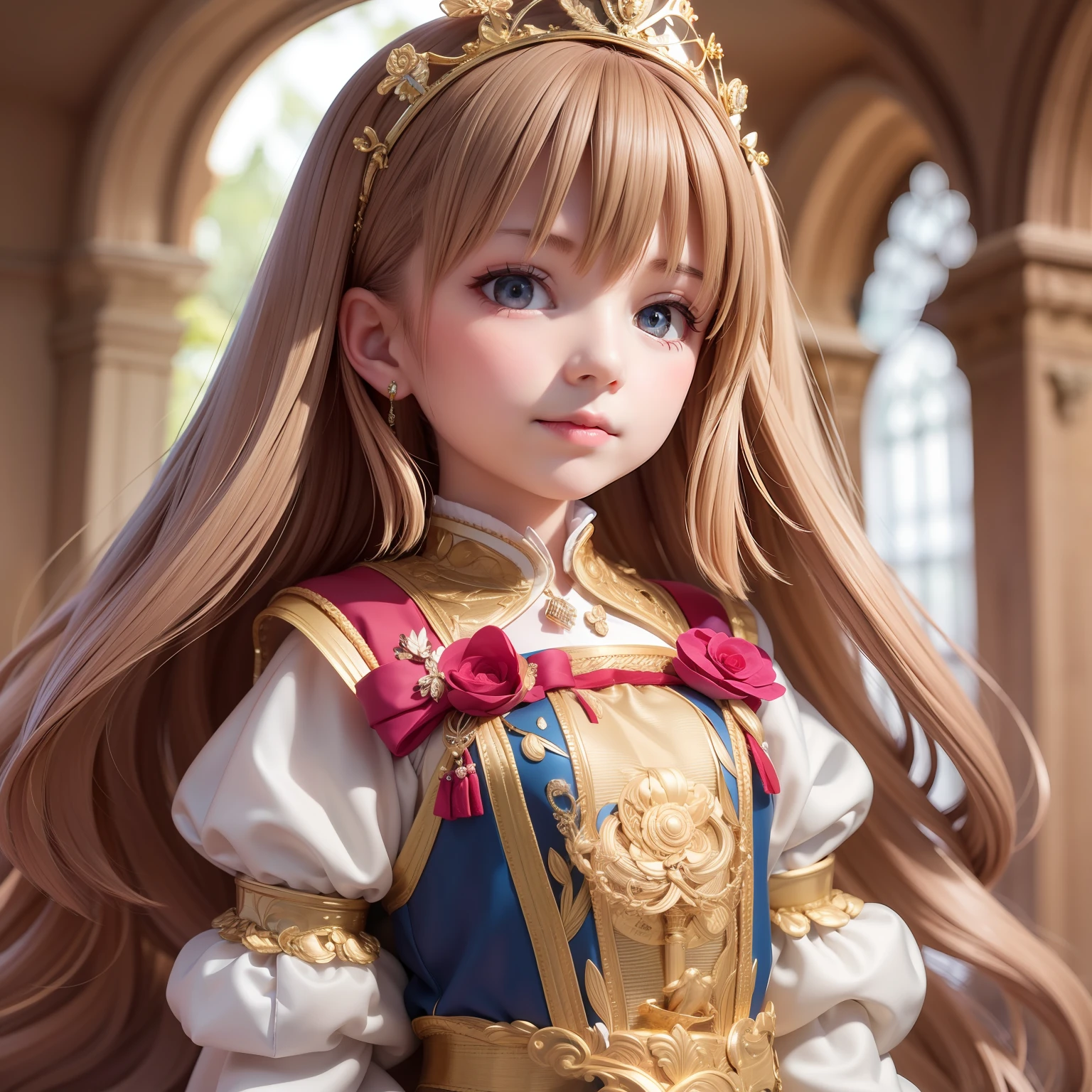 ((6year old girl:1.5)), 1 girl, loli, petite girl, complete anatomy, whole body, children's body, child, super cute, girl, little girl, beautiful girl, beautiful shining body,
bangs,brown hair,high eyes,(aquamarine eyess), drooping eyes, petite,tall eyes, beautiful girl with fine details, Beautiful and delicate eyes, detailed face, Beautiful eyes, beautiful shining body,
Smiles, happiness,
Medieval European Coronation, Young Queen, Her Majesty the Queen, Castle, Queen's Costume, Audience Room,
natural light,((realism: 1.2)), dynamic far view shot,cinematic lighting, perfect composition, by sumic.mic, ultra detailed, official art, masterpiece, (best quality:1.3), reflections, extremely detailed cg unity 8k wallpaper, detailed background, masterpiece, best quality, (masterpiece), (best quality:1.4), (ultra highres:1.2), (hyperrealistic:1.4), (photorealistic:1.2), best quality, high quality, highres, detail enhancement,