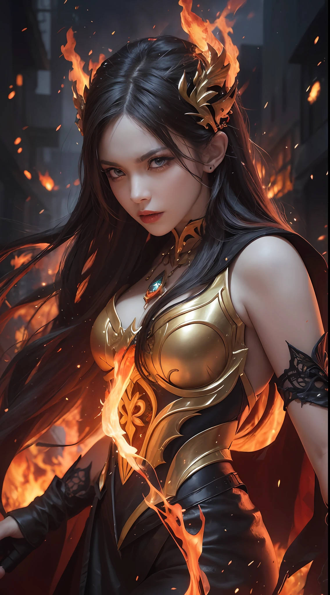 beautiful fire goddess, fire witch, fire elemental spirit, intricate design and details, powerful, aggressive, blazing flame, whole body on fire, conjuring fire spell, casting fire spell, flame aura, realistic fire effect, fiery particles, dark fantasy art style, ruined city, dramatic lighting, cinematic