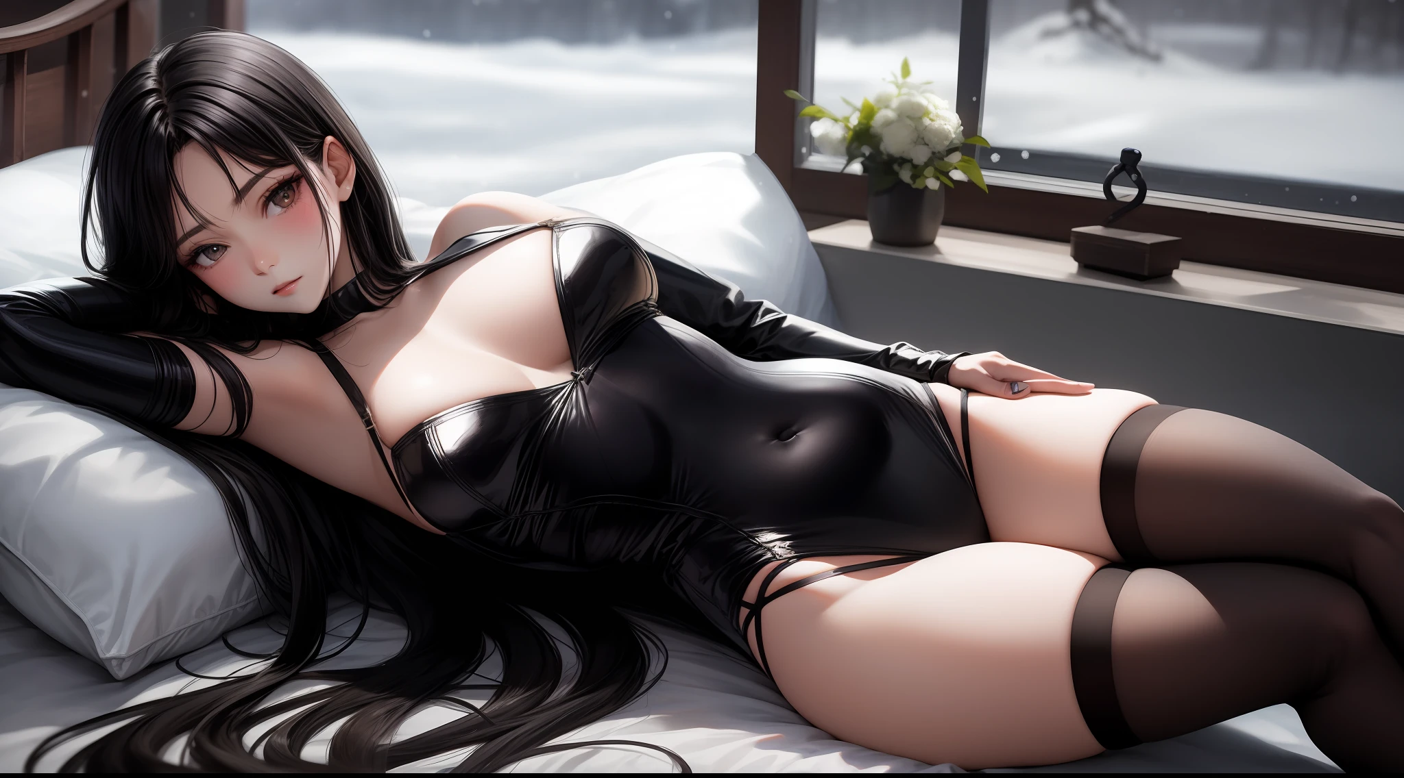 A beautiful woman with a hot figure sat on the bed, snow-white and delicate skin, long black hair, tights, plump