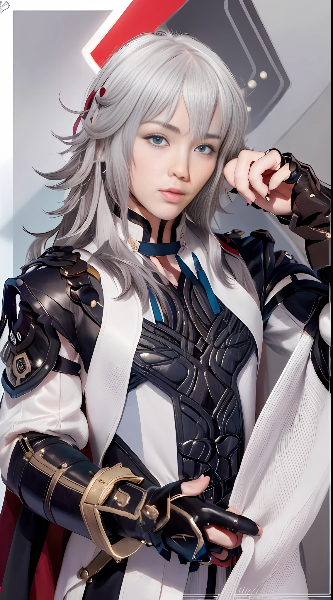 masterpiece, best quality,jingyuan\(hsr\), 1boy, male focus, solo, white hair, blue eyes, gloves, hair over one eye, looking at viewer, cape, closed mouth, black gloves, bangs, high collar,, (grey background:1.4),