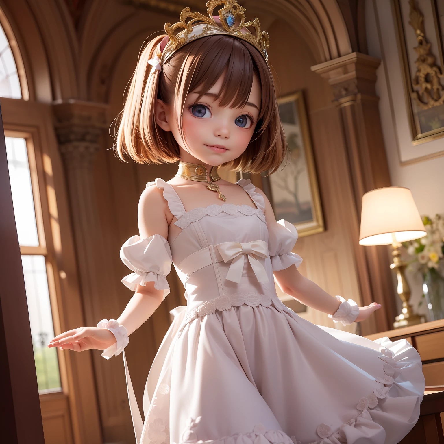 ((6year old girl:1.5)), 1 girl, , petite girl, complete anatomy, whole body, children's body, child, super cute, girl, littautiful girl, beautiful shining body,
bangs,brown hair,high eyes,(aquamarine eyess), drooping eyes, petite,tall eyes, beautiful girl with fine details, Beautiful and delicate eyes, detailed face, Beautiful eyes, beautiful shining body,
Smiles, happiness,
Medieval European Coronation, Young Queen, Her Majesty the Queen, Castle, Queen's Costume, Audience Room,
natural light,((realism: 1.2)), dynamic far view shot,cinematic lighting, perfect composition, by sumic.mic, ultra detailed, official art, masterpiece, (best quality:1.3), reflections, extremely detailed cg unity 8k wallpaper, detailed background, masterpiece, best quality, (masterpiece), (best quality:1.4), (ultra highres:1.2), (hyperrealistic:1.4), (photorealistic:1.2), best quality, high quality, highres, detail enhancement,
