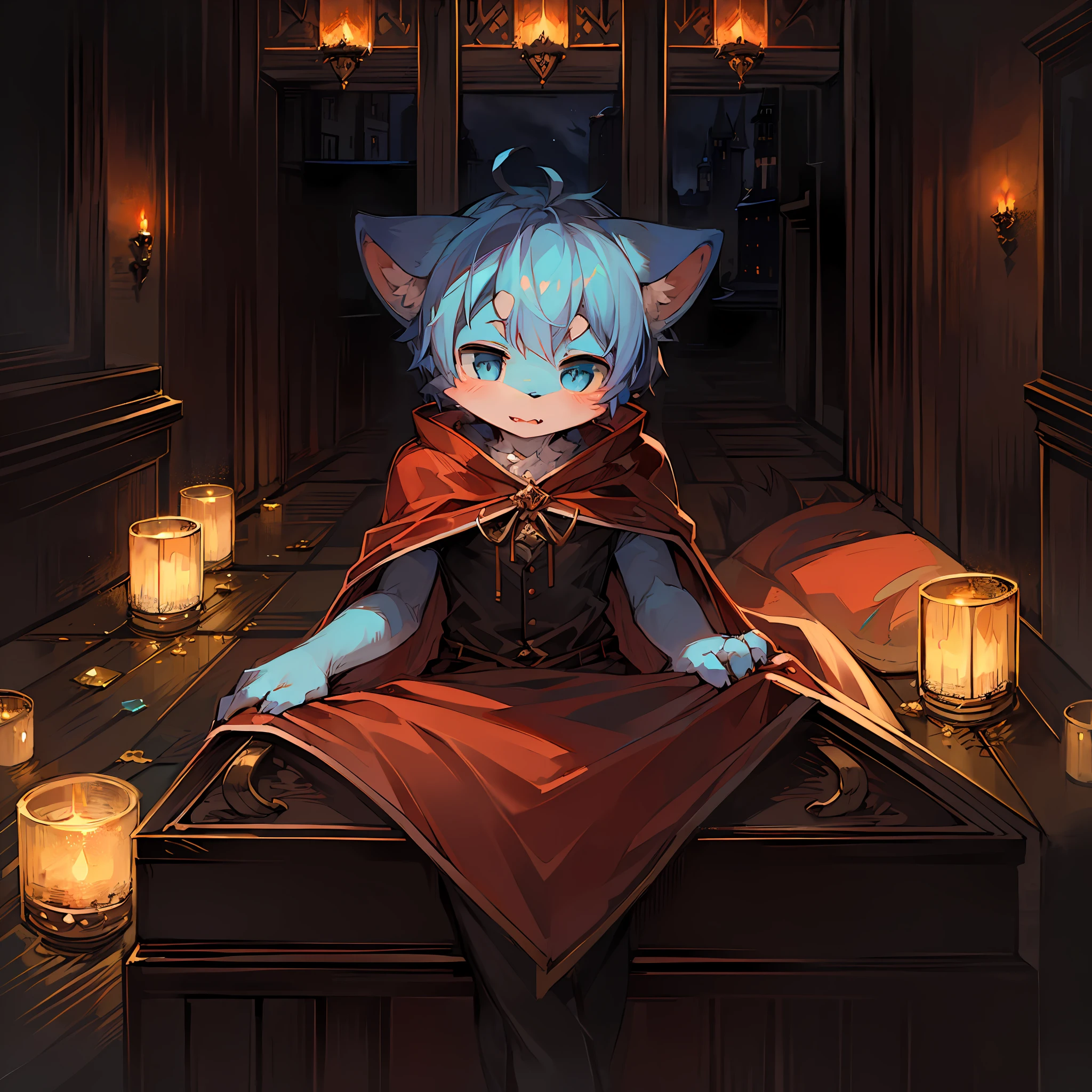 (Dark Environment: 0.8), Masterpiece, High Quality, Abstract Res, Digital Painting\(artwork\), by Dagasi, Yupa, Kiyosan, (Anthro, Fluffy Fur, Character Focus: 1.1), Anthro Male Cat, Short Hair, Portrait , bright eyes, panorama, character focus. (Detailed background: 0.7), Solo, Furry, Furry male, Male focus, Anthr, (full body fur, fluffy tail, light blue fur, blue eyes, light blue hair: 1.2), (long canids, vampires, cape: 1.2), (interior, night, castle, coffin: 1.1)