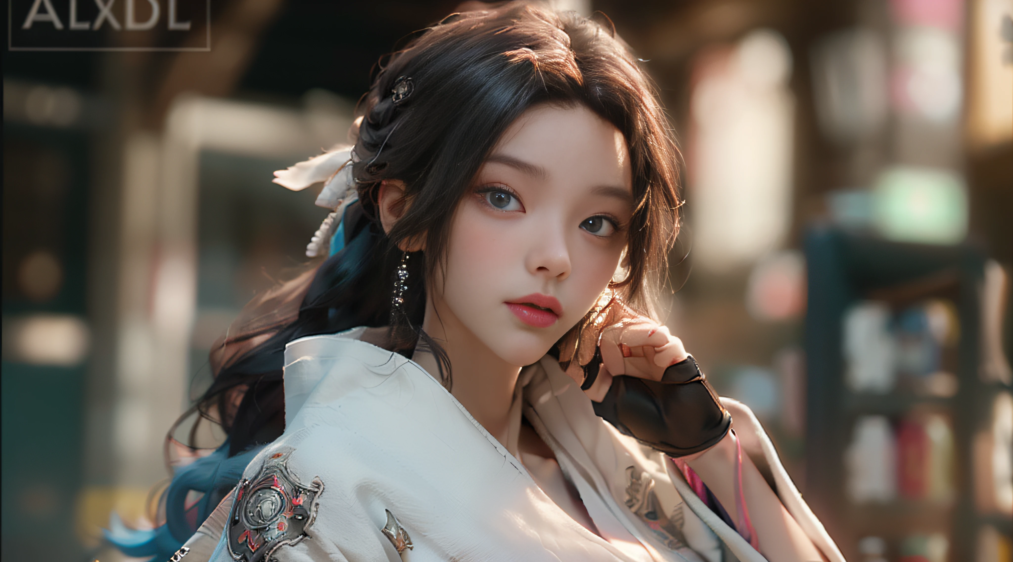 ((best best quality)), ((MasterPiece)), (Detail:1.4), 3D, A beautiful cyberpunk female image,HDR(high dynamic range),RayTrace,nvidia rtx,The ultra-Resolution,Unreal 5,Subsurface scattering、pbr texturing、postprocessing、Anisotropic Filtering、depth offield、Maximum Clarity and Clarity、Many-Layer Textures、Albedo and Specular map、Surface coloring、Mitsu-Accurate simulation of material interactions、Perfect Scale、octanerendering、Two-colored light、large aperture、low ISO、white balance、Rule of Thirds、8K RAW、beautiful bright pupils,flowing robe,Fine pupils,Detailed face and eyes,Long Lashes,Blushlush,voluminous hair,Tender red lips