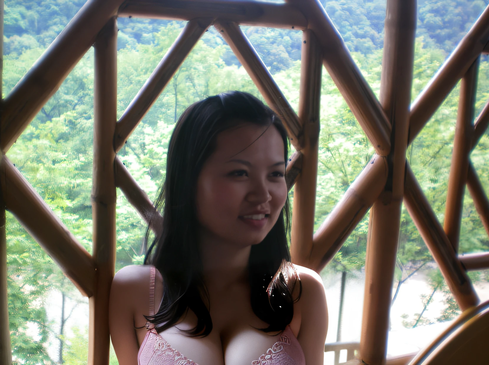 Sexy, breast-baring, cleavage, see-through, drenched, clear, realistic, highest detail, golden glow, thickened arms, white and delicate skin, translucent pink bra, wider shoulders