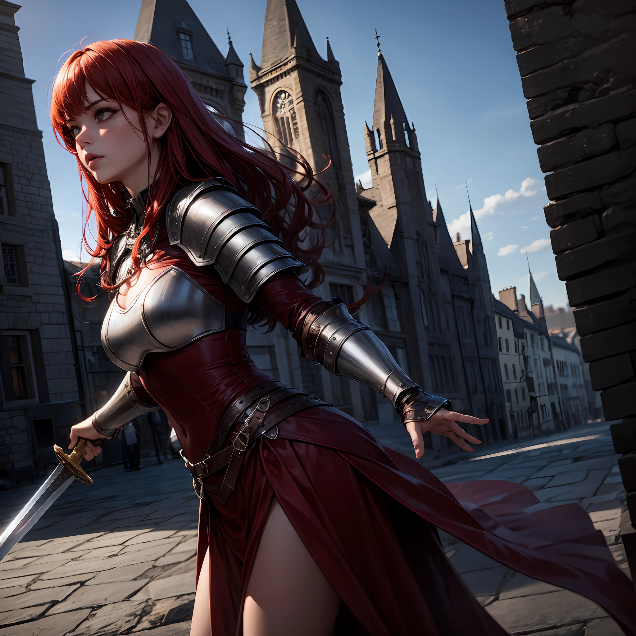 Ultra realistic, 4K, detailed, red-haired woman, loose hair, medieval armor, swords, coming out of a castle