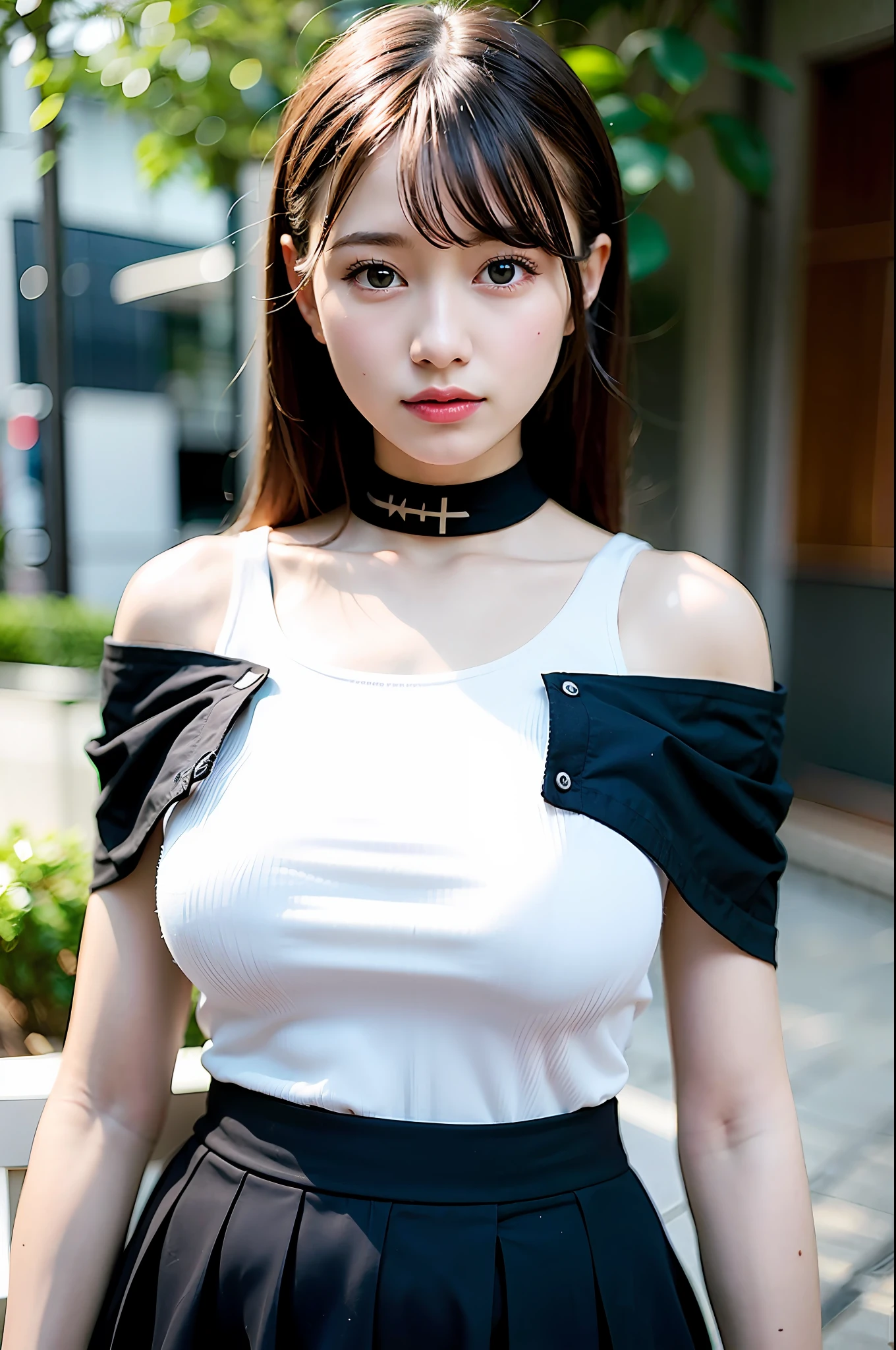 best quality, ultra high res, (photorealistic:1.4), 1girl, off-shoulder white shirt, black tight skirt, black choker, (faded ash gray hair:1), (huge breasts:1.2), looking at viewer, closeup ,