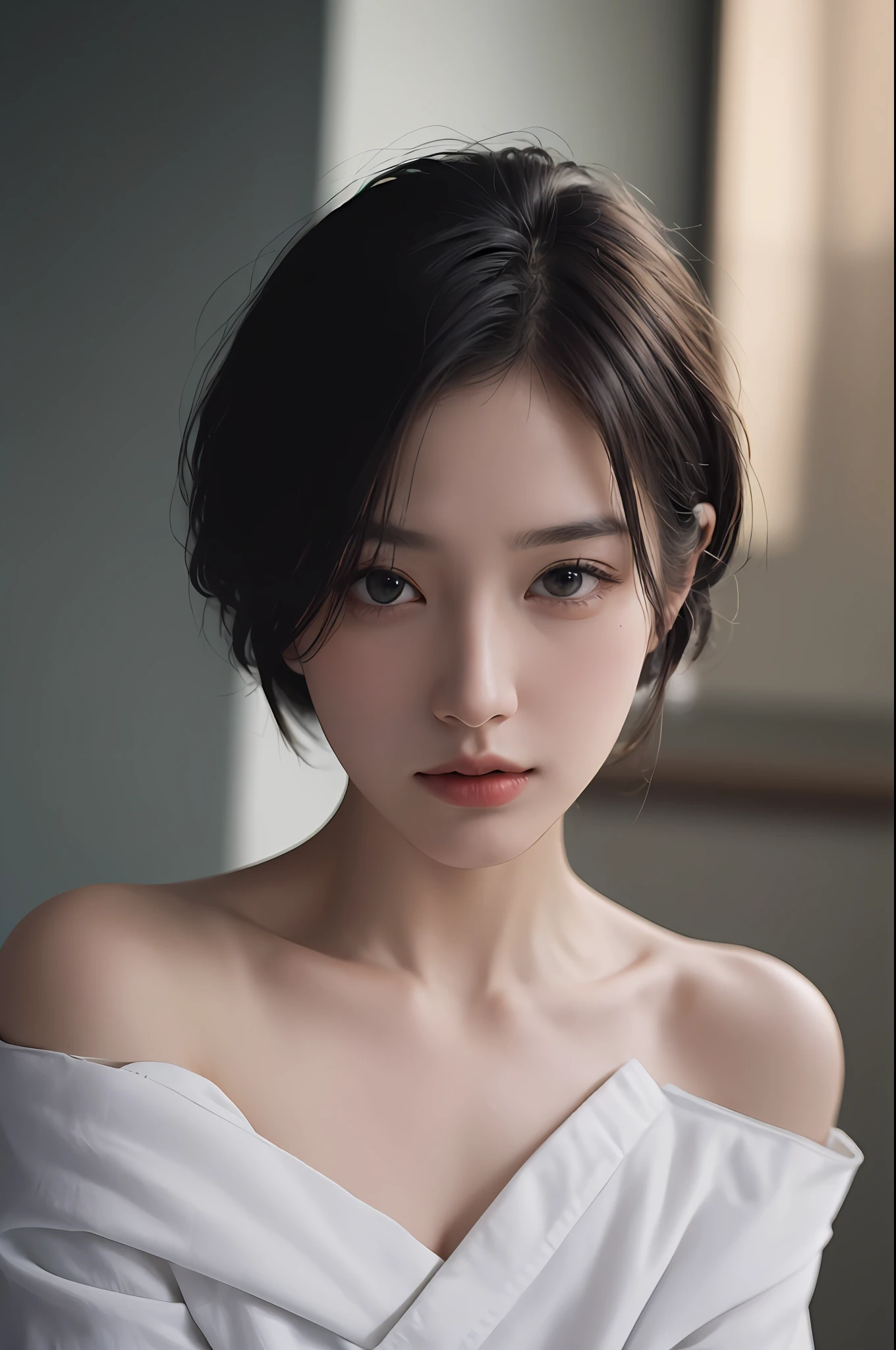 Best quality, masterpiece, ultra high res, (photorealistic:1.5), raw photo, 1girl, offshoulder, in the dark, deep shadow, low key, cold light, sexy look, short hair