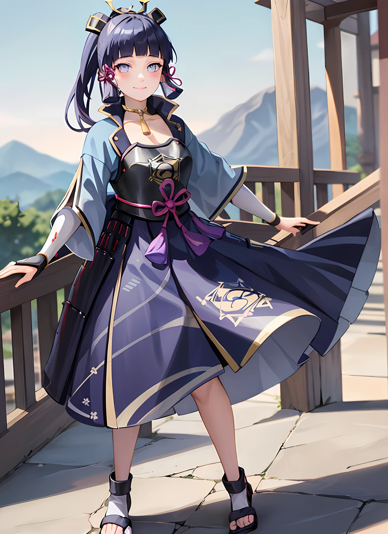 kamisatoayakadef, full body, standing, smile, blush, outdoors, day, simple background, blue sky, short hair, sky, temple, looking at viewer, standing on stairs, mountain, moody lighting, purple eyes, (dark blue hair:1.3), hinata hyuga as kamisato ayaka