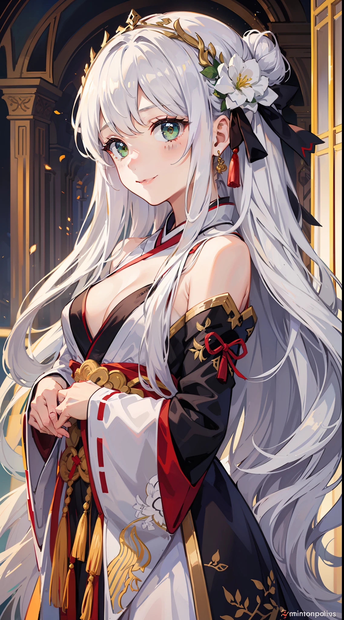 Adult girl, long white hair, green eyes, hanfu, open ?????, smile, masterpiece, high quality