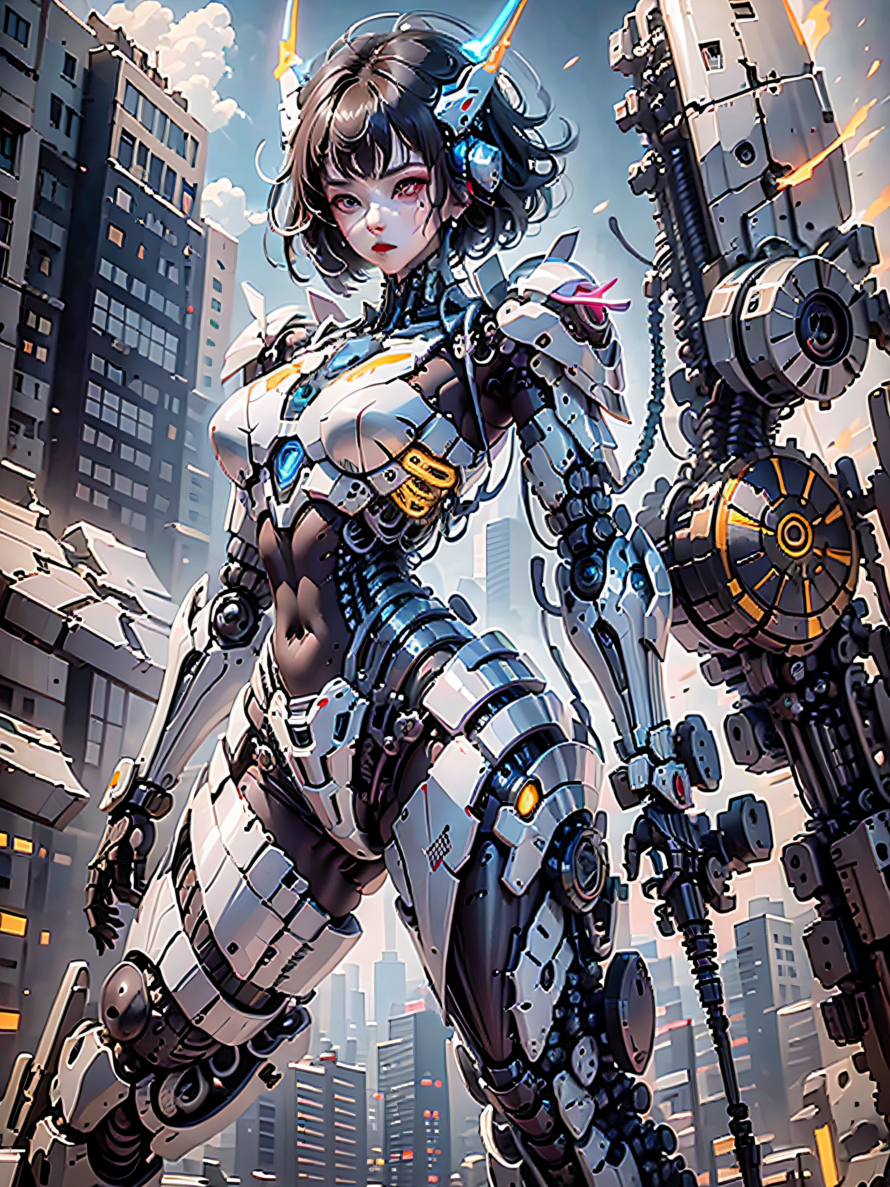(highly detailed:1.5), (8k), futuristic mecha girl on the cover of a neon-lit science fiction magazine, style (cyberpunk:1.3), wearing an elegant battle suit with bright details, posing confidently with a giant robot in the background, (bold typography:1.2), dynamic composition, vibrant colors, (Akira style:1.1), (inspired by Hajime Sorayama:1.2), full body, red details, yellow, blue, white, combat position, detailed bikini,