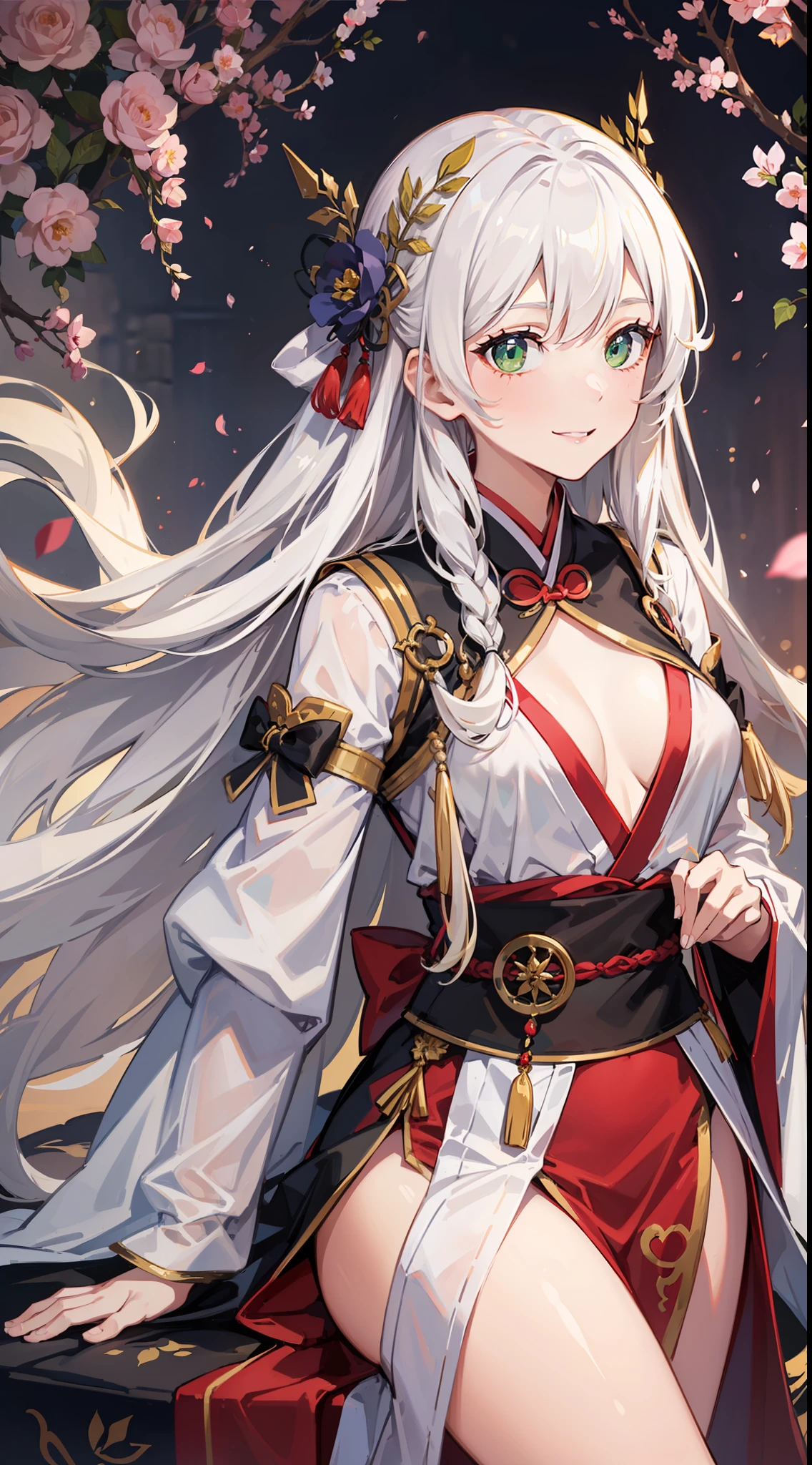 Adult girl, long white hair, green eyes, hanfu, open chest, smile, masterpiece, high quality