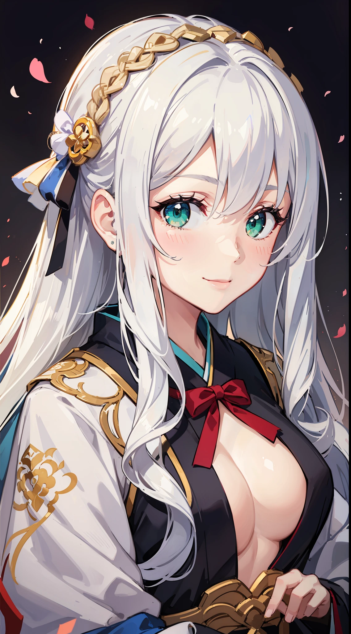 Adult girl, long white hair, green eyes, hanfu, open chest, smile, masterpiece, high quality