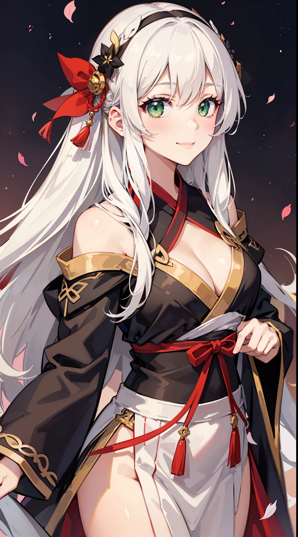 Adult girl, long white hair, green eyes, hanfu, open chest, smile, masterpiece, high quality