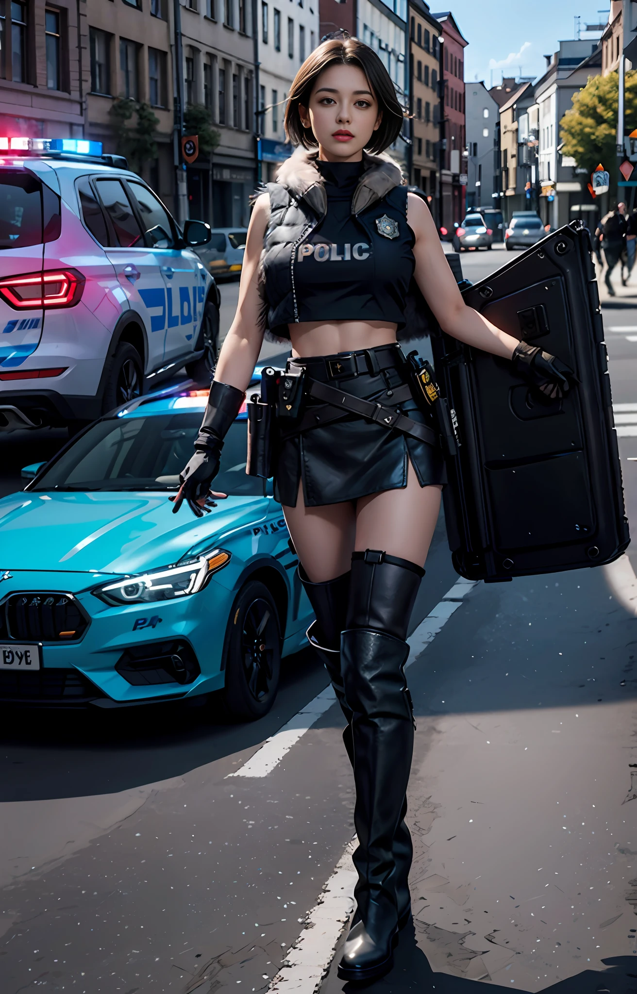 Official art, extremely detailed CG Unity 8k wallpaper, best quality, masterpiece, high resolution, beautiful girl criminal cop, short hair, black crop top fur vest, brown belt, pistol holster on thigh, body armor, tactical gloves, black minileather skirt, police uniform style, black long tube flat boots, police badge on chest, police car, thin legs
