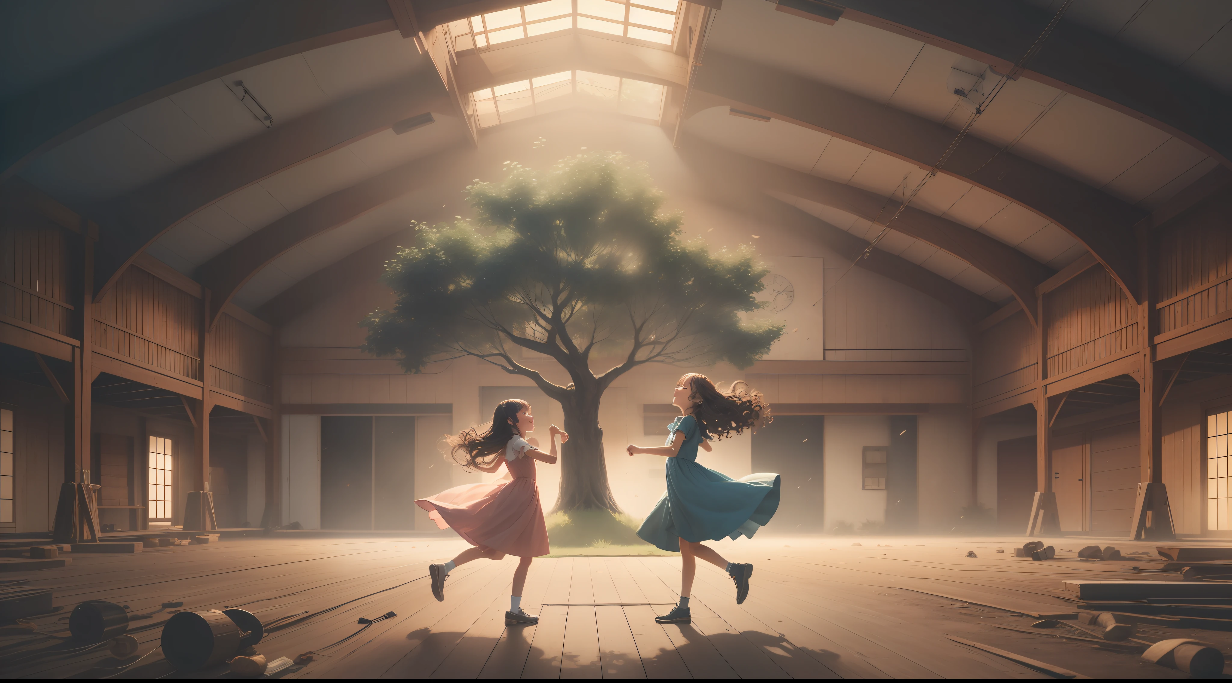 interior scenery of large enclosed shed, interior of large warehouse, large illuminated skylights. There is a large tree in the center. tree with swing in the center of the scene. ((best quality)), ((ultra res)), ((realistic)), ((intricate details)), 2 sisters running running, girls near the tree, smiling, happy, playing hide and seek, pique-esconde, 10-year-old girls, perfect face, western face, italian girl face, small eyes, small eyes, round eyes, western eyes, long dark hair, curly hair, wavy hair, flying hair, bangs, long dress, pink dress, light fabric blue dress,  floating dress, bluish luminosity, childish aesthetic, nostalgic, distant point of view, panoramic, cinematic lights, wide background, diverse angles, diverse expressions, simple interior, everyday, ghibli style scene