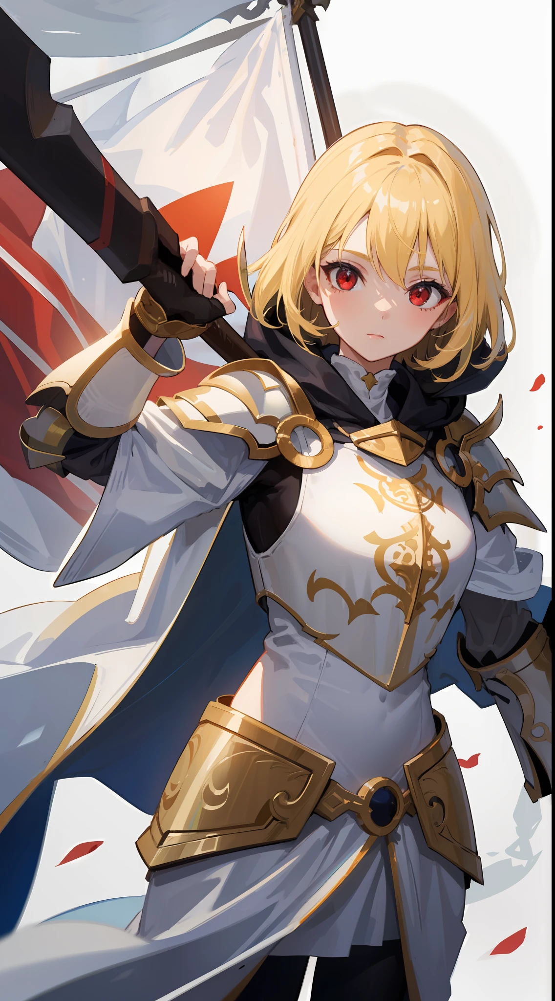 1girl, blonde hair, red eyes, wearing full white armor and radiating light, paladin, 8k, holding a flag halberd, wearing white robes with hood and epic white paladin armor, wearing general robes.
