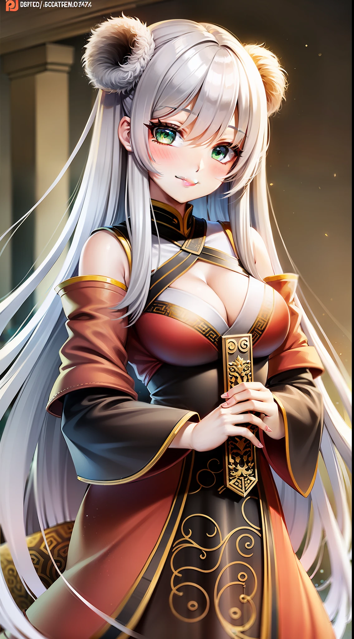 Adult girl, long white hair, green eyes, hanfu, open chest, smile, masterpiece, high quality