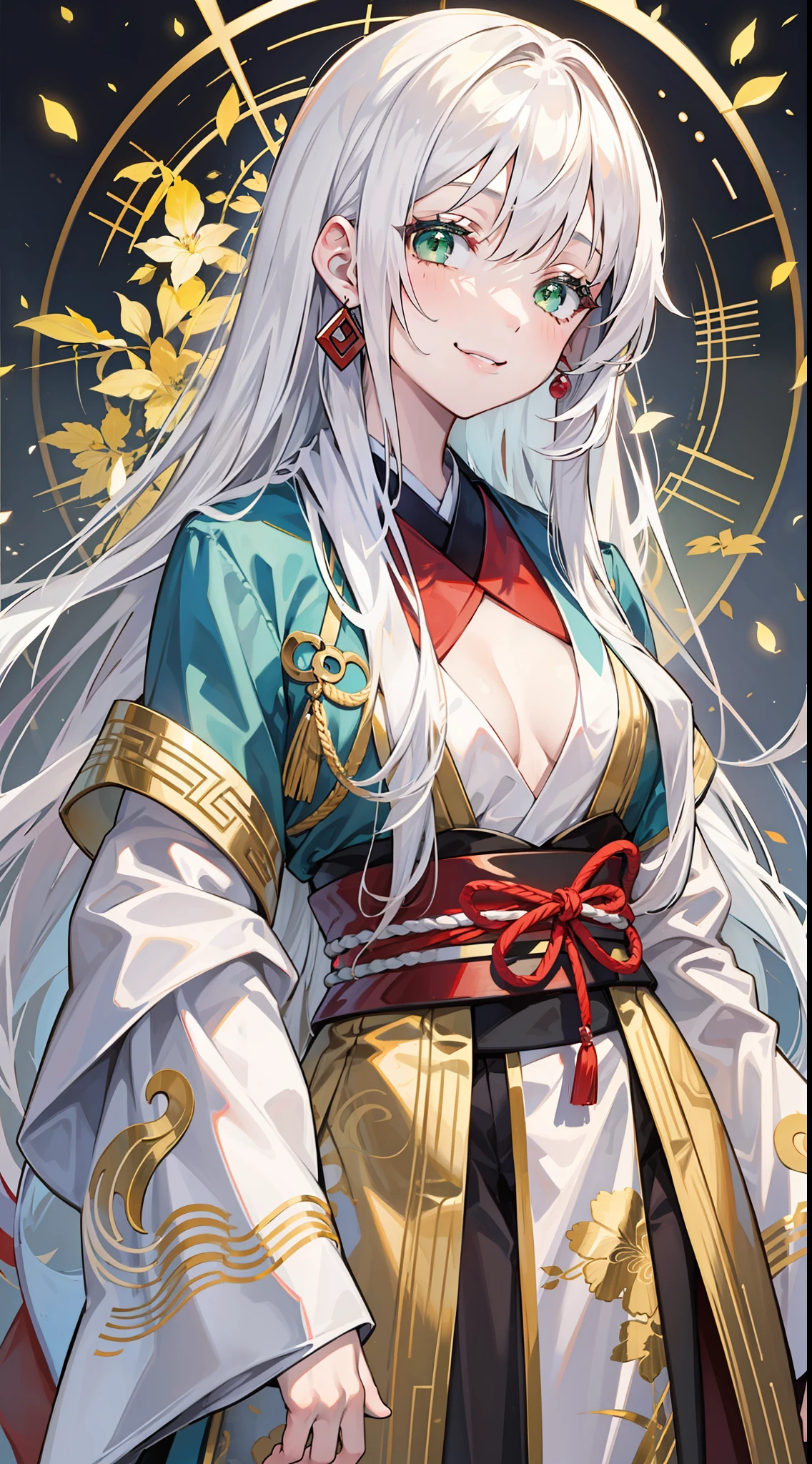 Adult girl, long white hair, green eyes, hanfu, open chest, smile, masterpiece, high quality