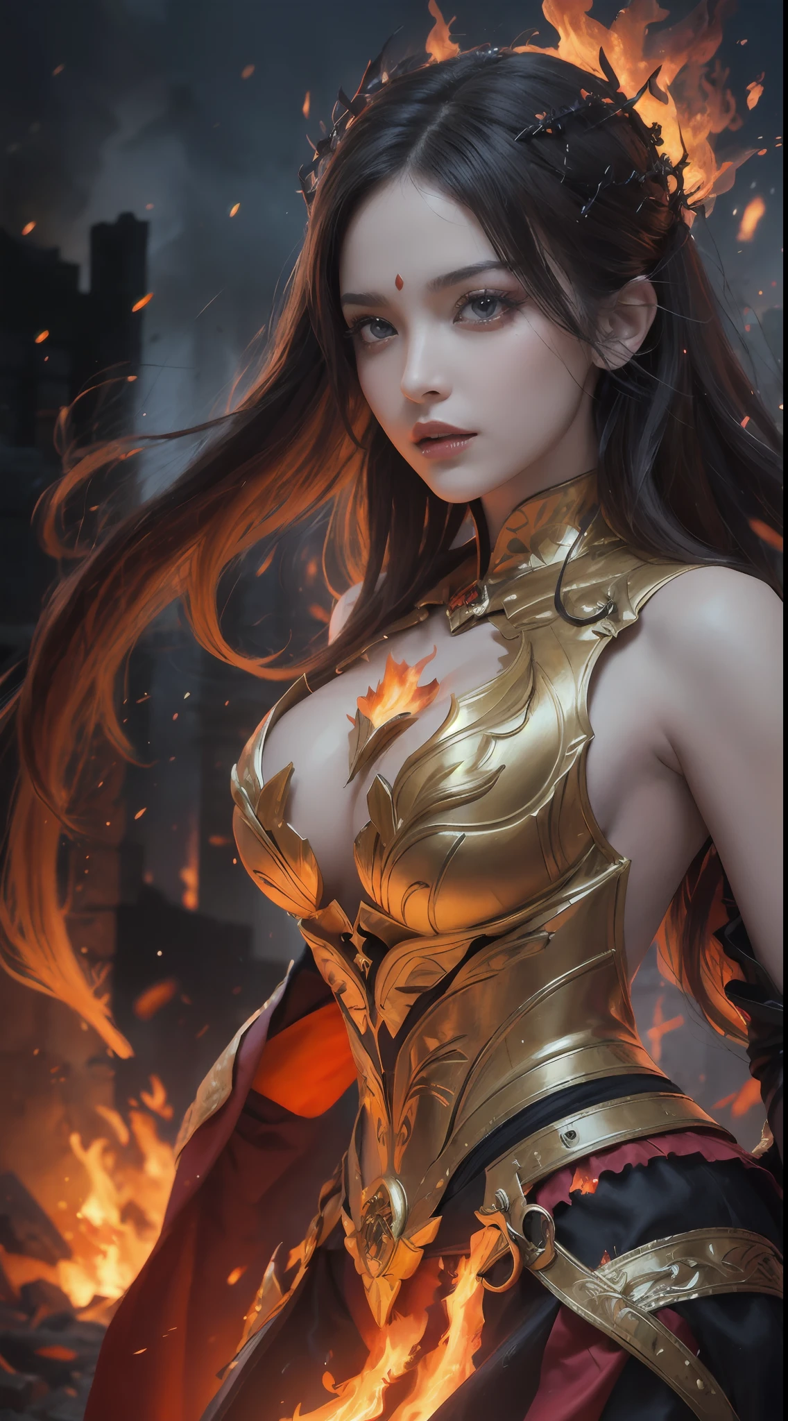 beautiful fire goddess, fire witch, fire elemental spirit, intricate design and details, powerful, aggressive, blazing flame, whole body on fire, conjuring fire spell, casting fire spell, flame aura, realistic fire effect, fiery particles, dark fantasy art style, ruined city, dramatic lighting, cinematic