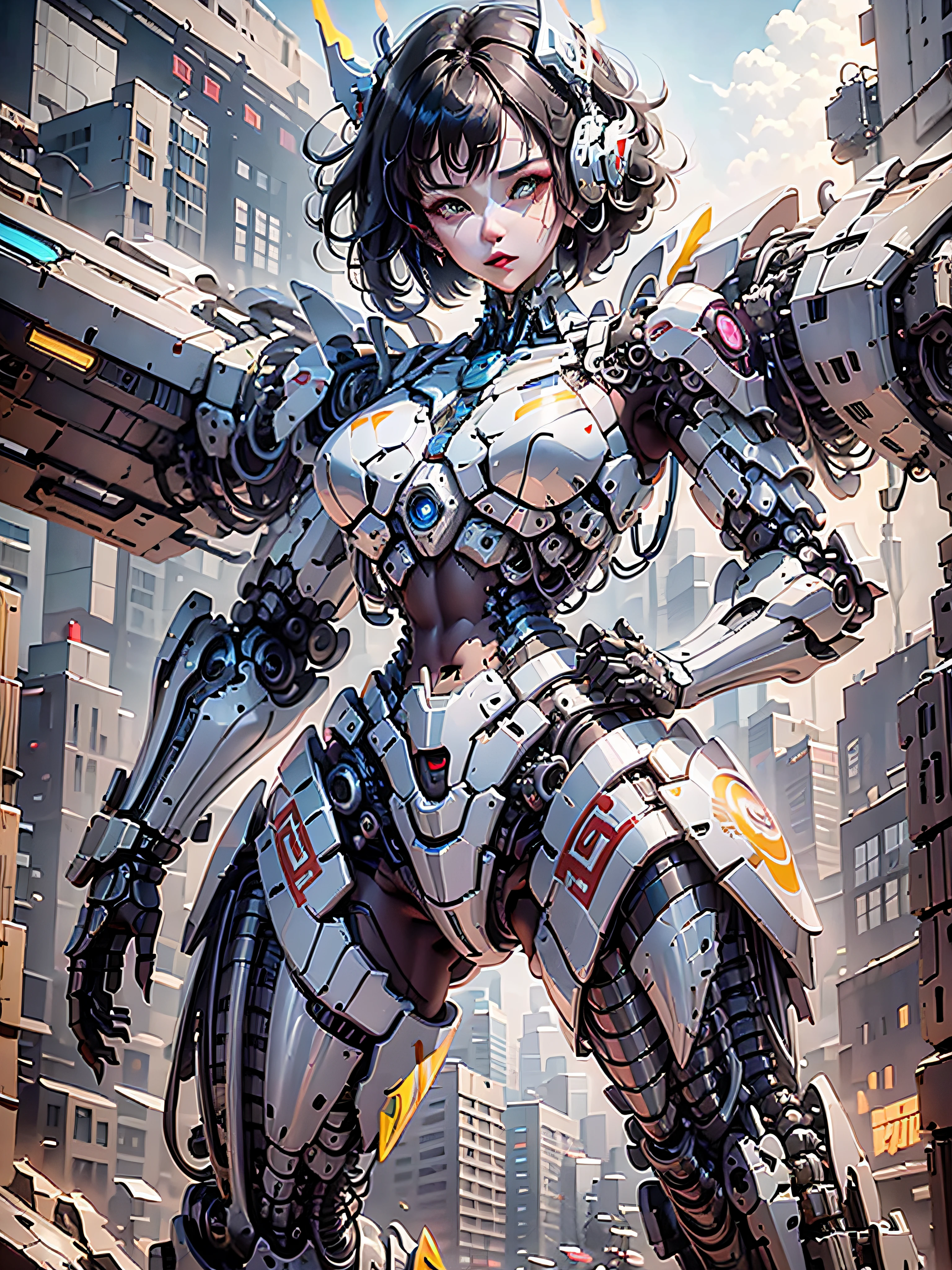 (highly detailed:1.5), (8k), futuristic mecha girl on the cover of a neon-lit science fiction magazine, style (cyberpunk:1.3), wearing an elegant battle suit with bright details, posing confidently with a giant robot in the background, (bold typography:1.2), dynamic composition, vibrant colors, (Akira style:1.1), (inspired by Hajime Sorayama:1.2), full body, red details, yellow, blue, white, combat position, detailed bikini,