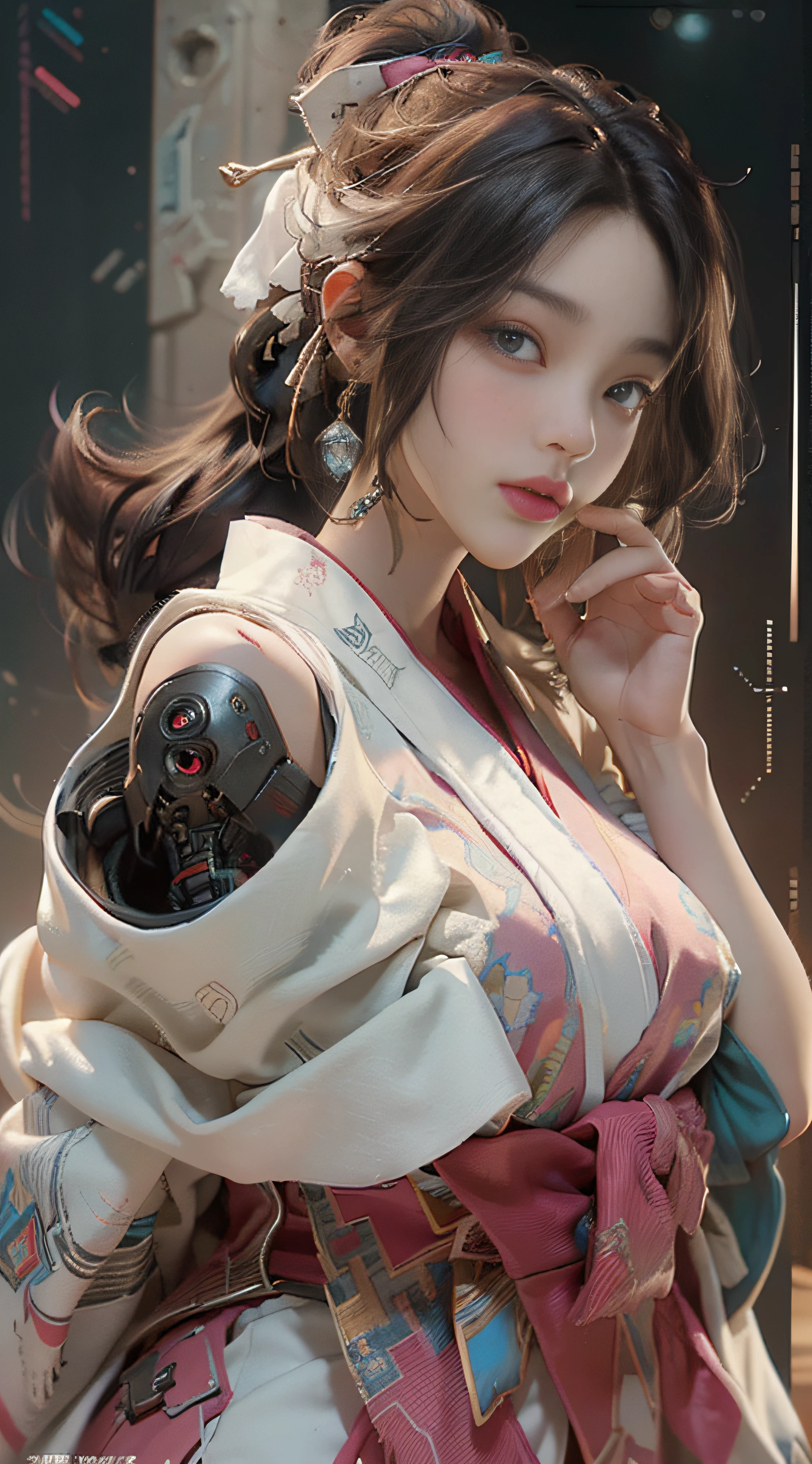 ((best best quality)), ((MasterPiece)), (Detail:1.4), 3D, A beautiful cyberpunk female image,HDR（high dynamic range）,RayTrace,nvidia rtx,The ultra-Resolution,Unreal 5,Subsurface scattering、pbr texturing、postprocessing、Anisotropic Filtering、depth offield、Maximum Clarity and Clarity、Many-Layer Textures、Albedo and Specular map、Surface coloring、Mitsu-Accurate simulation of material interactions、Perfect Scale、octanerendering、Two-colored light、large aperture、low ISO、white balance、Rule of Thirds、8K RAW、beautiful bright pupils，flowing robe，Fine pupils，Detailed face and eyes，Long Lashes，Blushlush，voluminous hair，Tender red lips