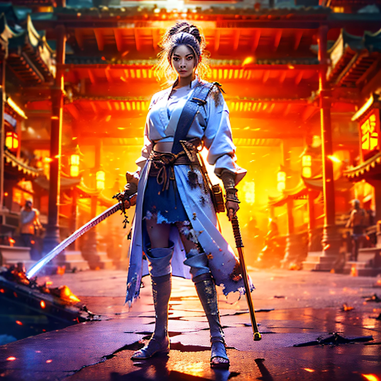 Wasteland, ruins, abs, mature woman, big breasts, Japanese sword in left hand, long musket in right hand, torn clothes, black stockings --auto